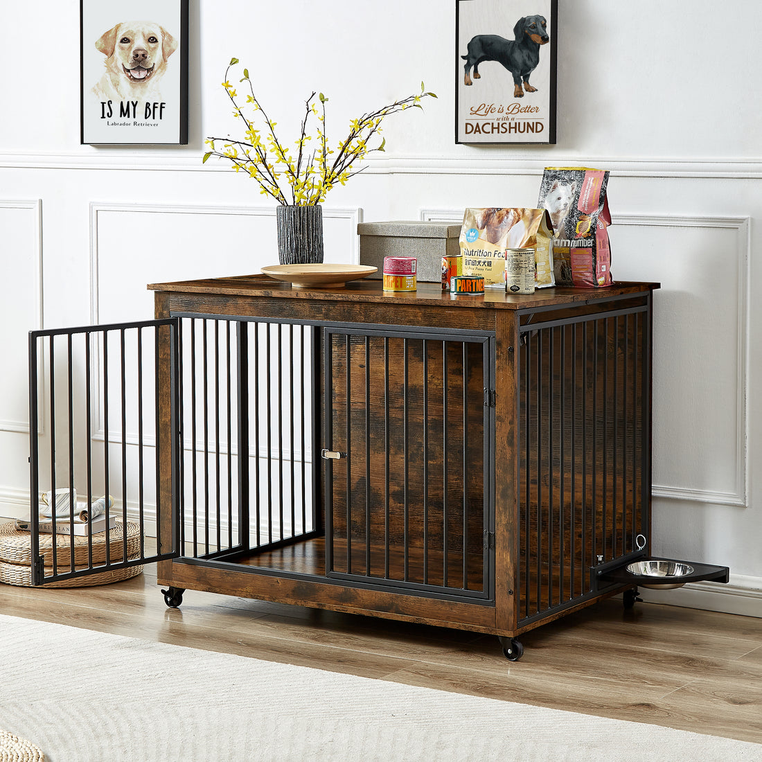 Furniture Style Dog Crate Side Table With Rotatable Feeding Bowl, Wheels, Three Doors, Flip Up Top Opening. Indoor, Rustic Brown, 43.7"W X 30"D X 33.7"H Rustic Brown Particle Board