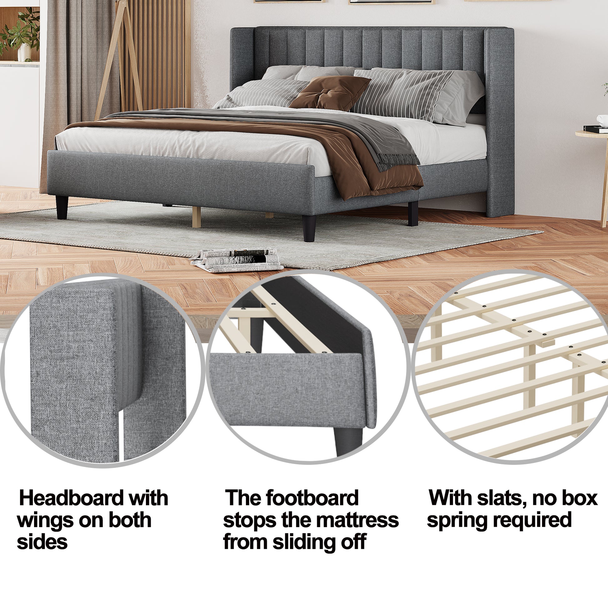 King Size Upholstered Platform Bed Frame With Headboard, Mattress Foundation, Wood Slat Support, Quiet, No Box Spring Needed, Easy To Assemble Light Grey Light Gray Wood