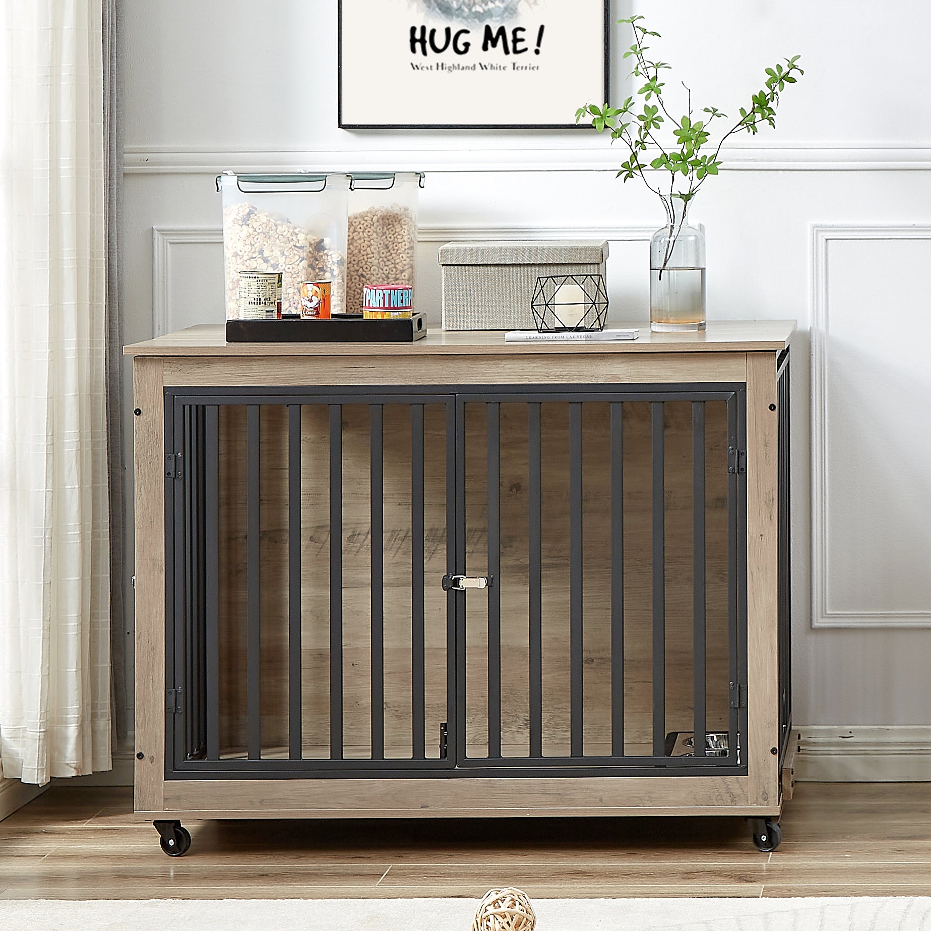 Furniture Style Dog Crate Side Table With Feeding Bowl, Wheels, Three Doors, Flip Up Top Opening. Indoor, Grey, 43.7"W X 30"D X 33.7"H Grey Particle Board