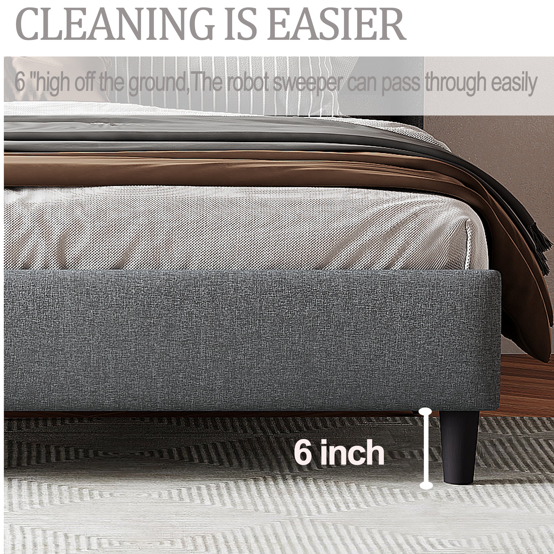 King Size Upholstered Platform Bed Frame With Headboard, Mattress Foundation, Wood Slat Support, Quiet, No Box Spring Needed, Easy To Assemble Light Grey Light Gray Wood