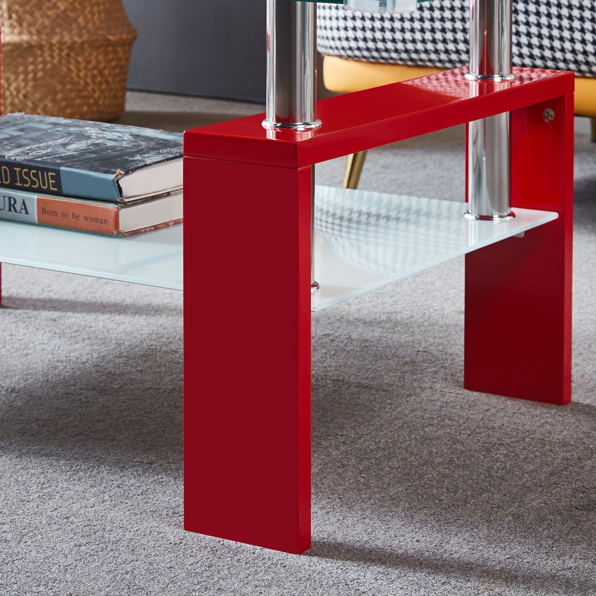 Artisan Rectangle Coffee Table, Double Layer Lower Shelf Storage For Living Spaces, Red Red Mdf
