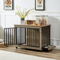 Furniture Style Dog Crate Side Table With Feeding Bowl, Wheels, Three Doors, Flip Up Top Opening. Indoor, Grey, 38.58