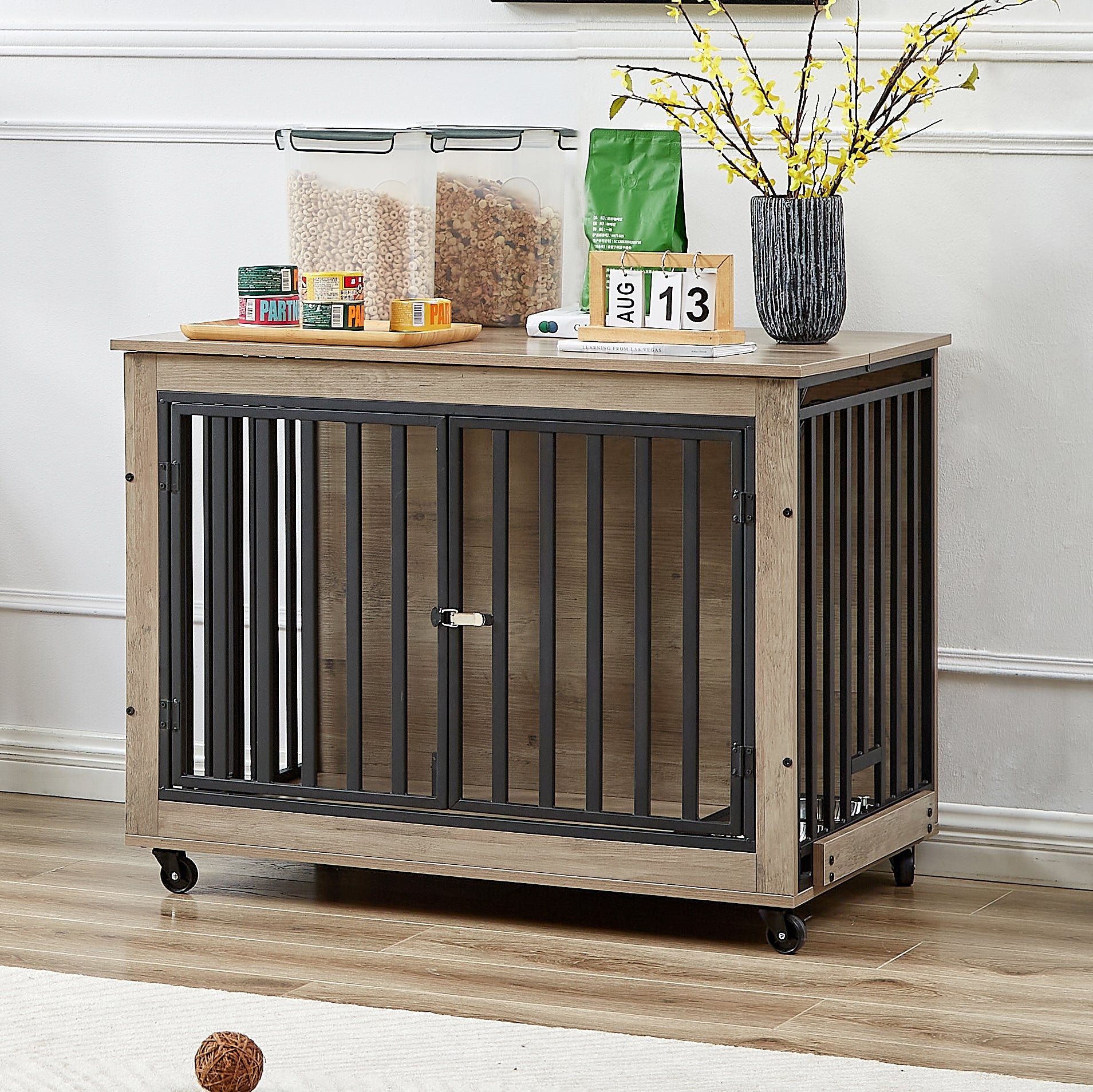 Furniture Style Dog Crate Side Table With Feeding Bowl, Wheels, Three Doors, Flip Up Top Opening. Indoor, Grey, 38.58"W X 25.2"D X 27.17"H Grey Particle Board