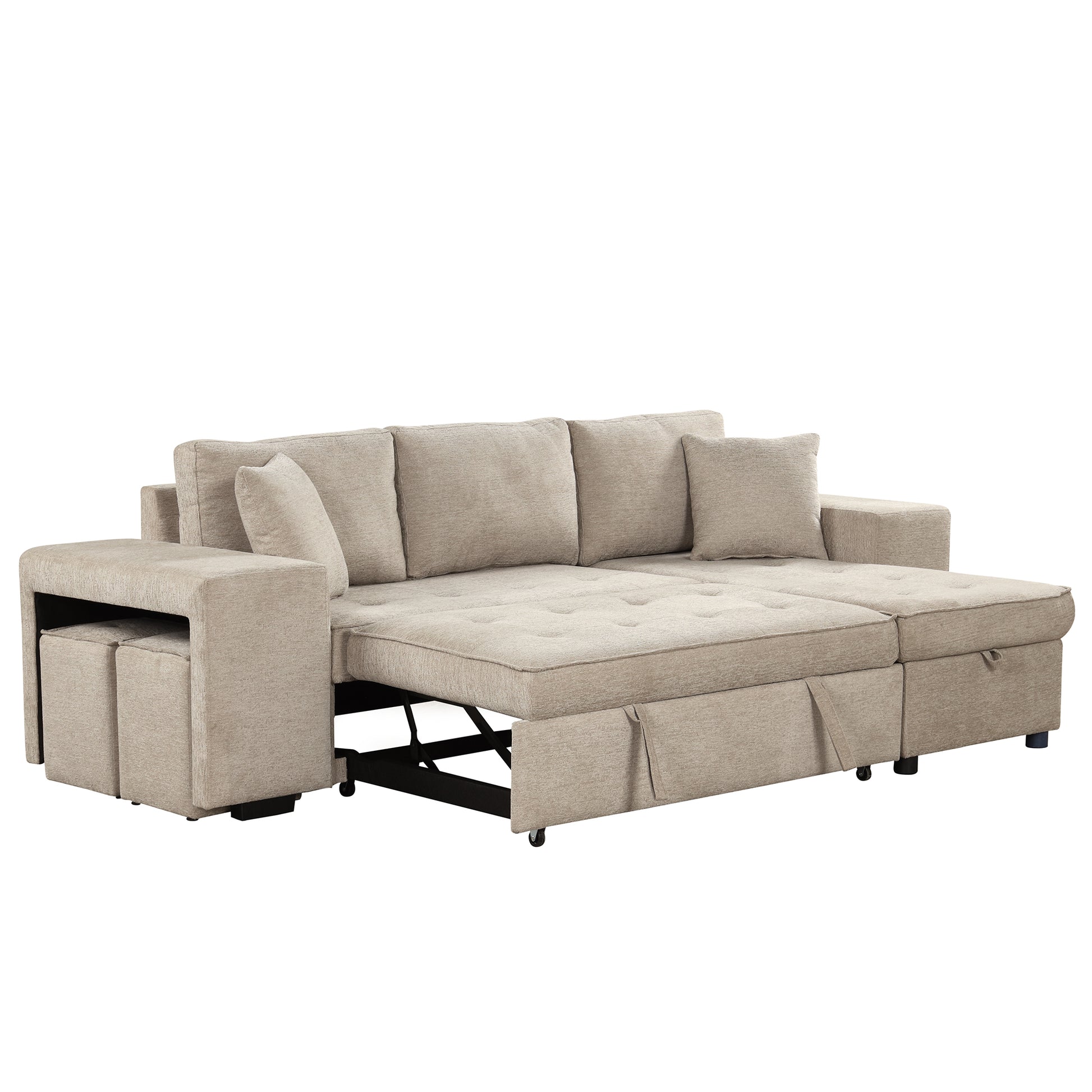 104.5" Modern L Shape 3 Seat Reversible Sectional Couch, Pull Out Sleeper Sofa With Storage Chaise And 2 Stools For Living Room Furniture Set, Cream Cream Foam Chenille 3 Seat