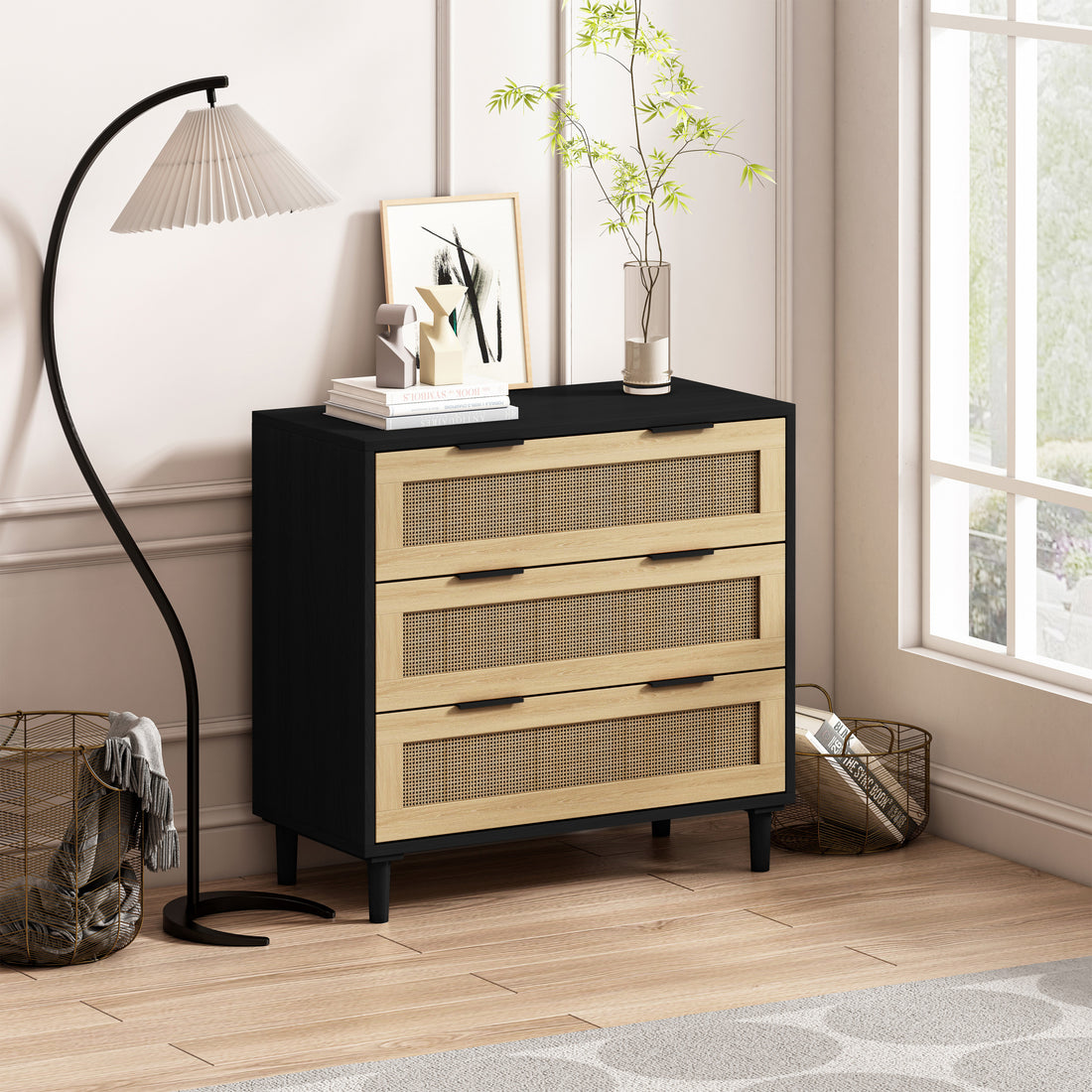 31.50"3 Drawers Rattan Storage Cabinet Rattan Drawer,For Bedroom,Living Room,Dining Room,Hallways,Black Black Mdf