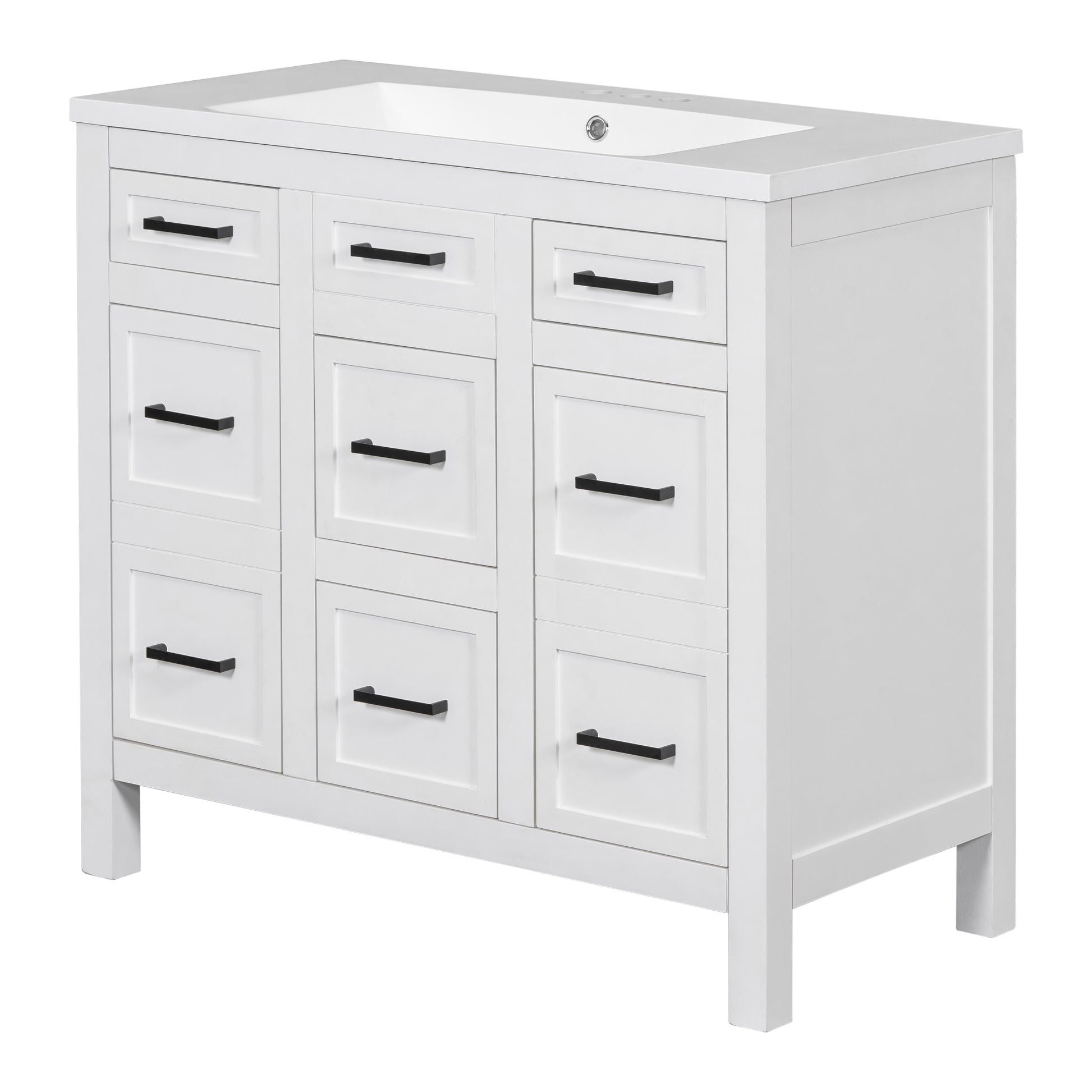 36" Bathroom Vanity Cabinet With Resin Integrated Sink 4 Drawers, 2 Doors White Solid Wood Mdf Resin