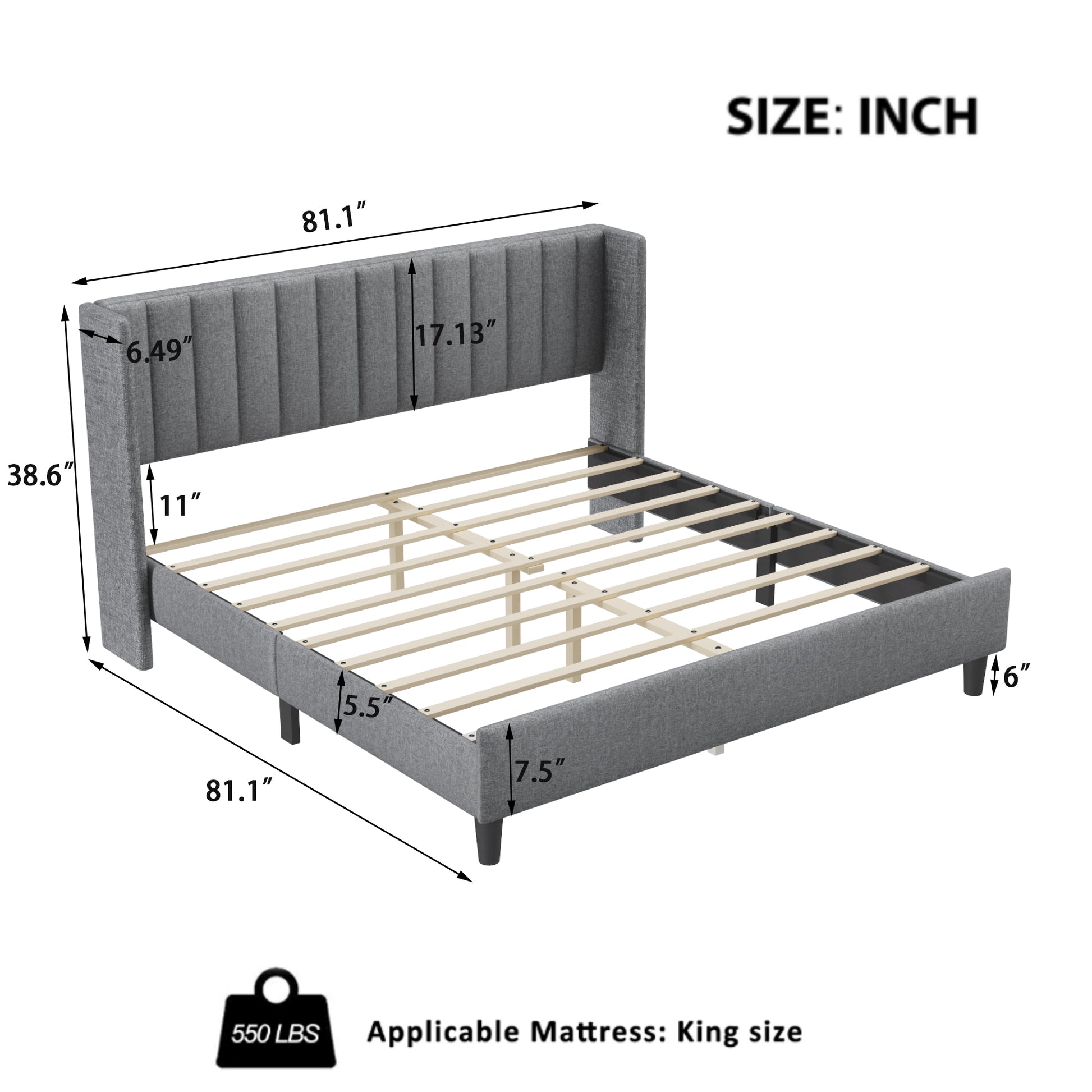 King Size Upholstered Platform Bed Frame With Headboard, Mattress Foundation, Wood Slat Support, Quiet, No Box Spring Needed, Easy To Assemble Light Grey Light Gray Wood