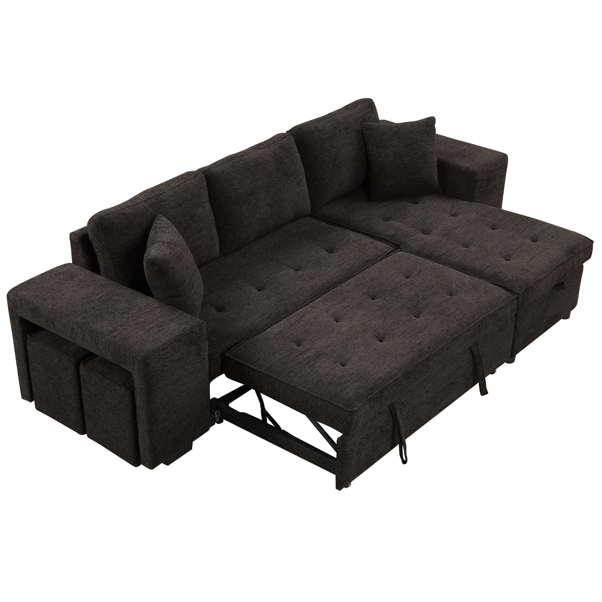 104.5" Modern L Shape 3 Seat Reversible Sectional Couch, Pull Out Sleeper Sofa With Storage Chaise And 2 Stools For Living Room Furniture Set, Charcoal Grey Charcoal Grey Foam Chenille 3 Seat