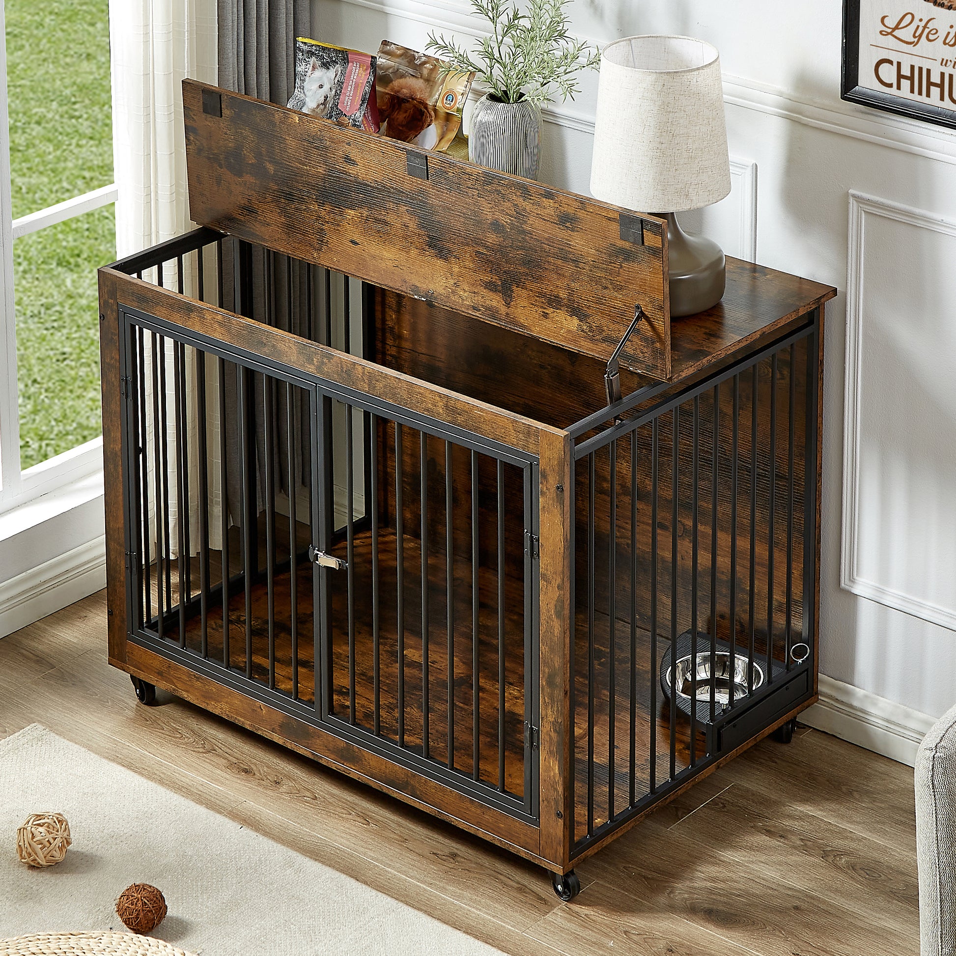 Furniture Style Dog Crate Side Table With Rotatable Feeding Bowl, Wheels, Three Doors, Flip Up Top Opening. Indoor, Rustic Brown, 43.7"W X 30"D X 33.7"H Rustic Brown Particle Board