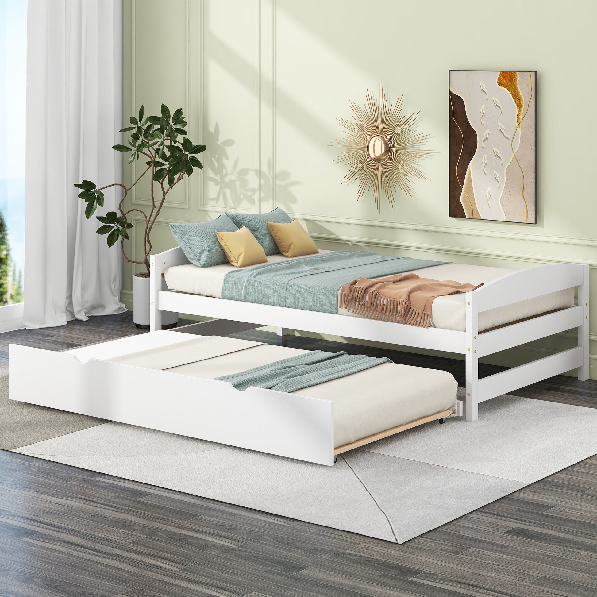 Twin Size Platform Bed With Twin Size Trundle, White Box Spring Not Required Twin White Wood Bedroom Pine