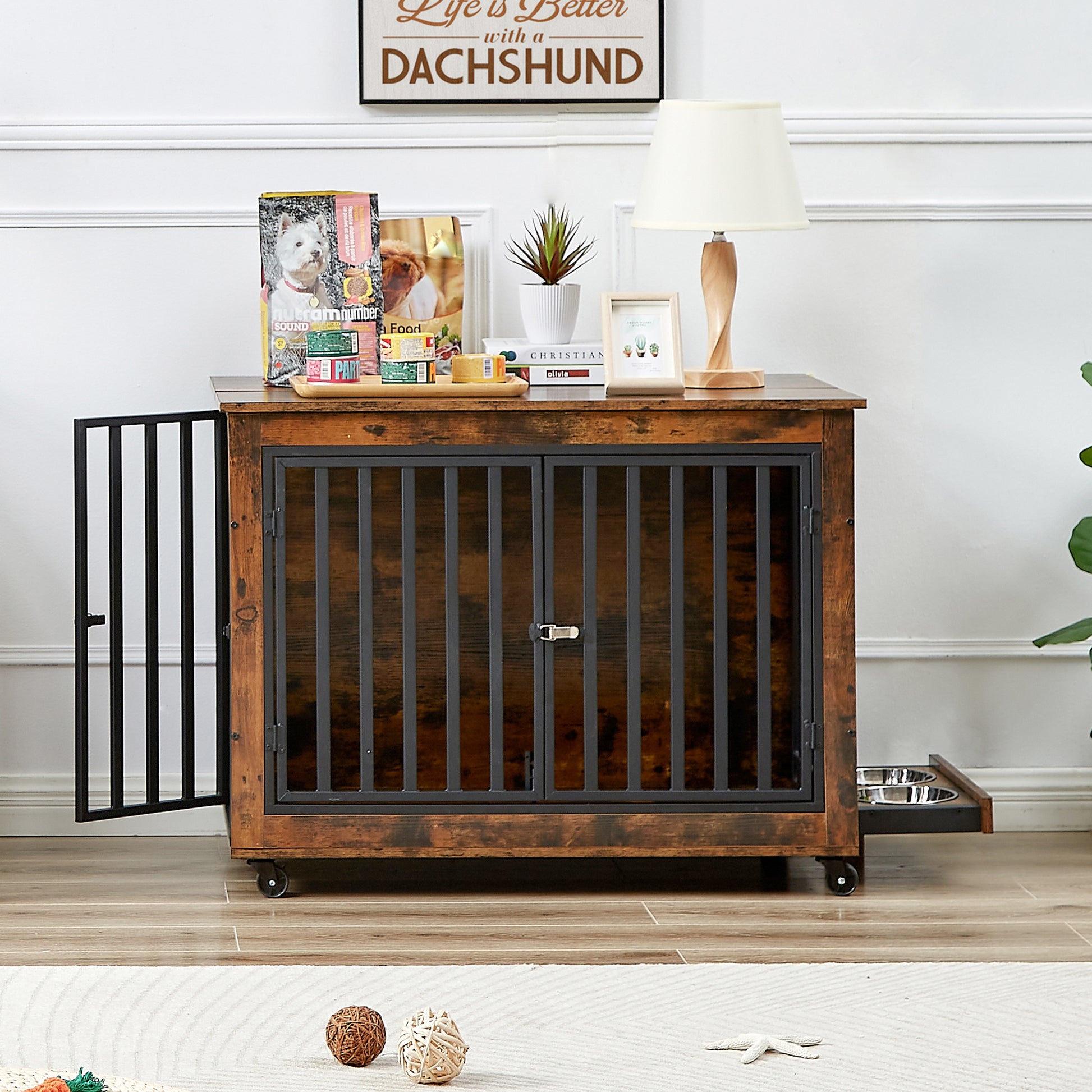 Furniture Style Dog Crate Side Table With Feeding Bowl, Wheels, Three Doors, Flip Up Top Opening. Indoor, Rustic Brown, 38.58"W X 25.2"D X 27.17"H Rustic Brown Particle Board