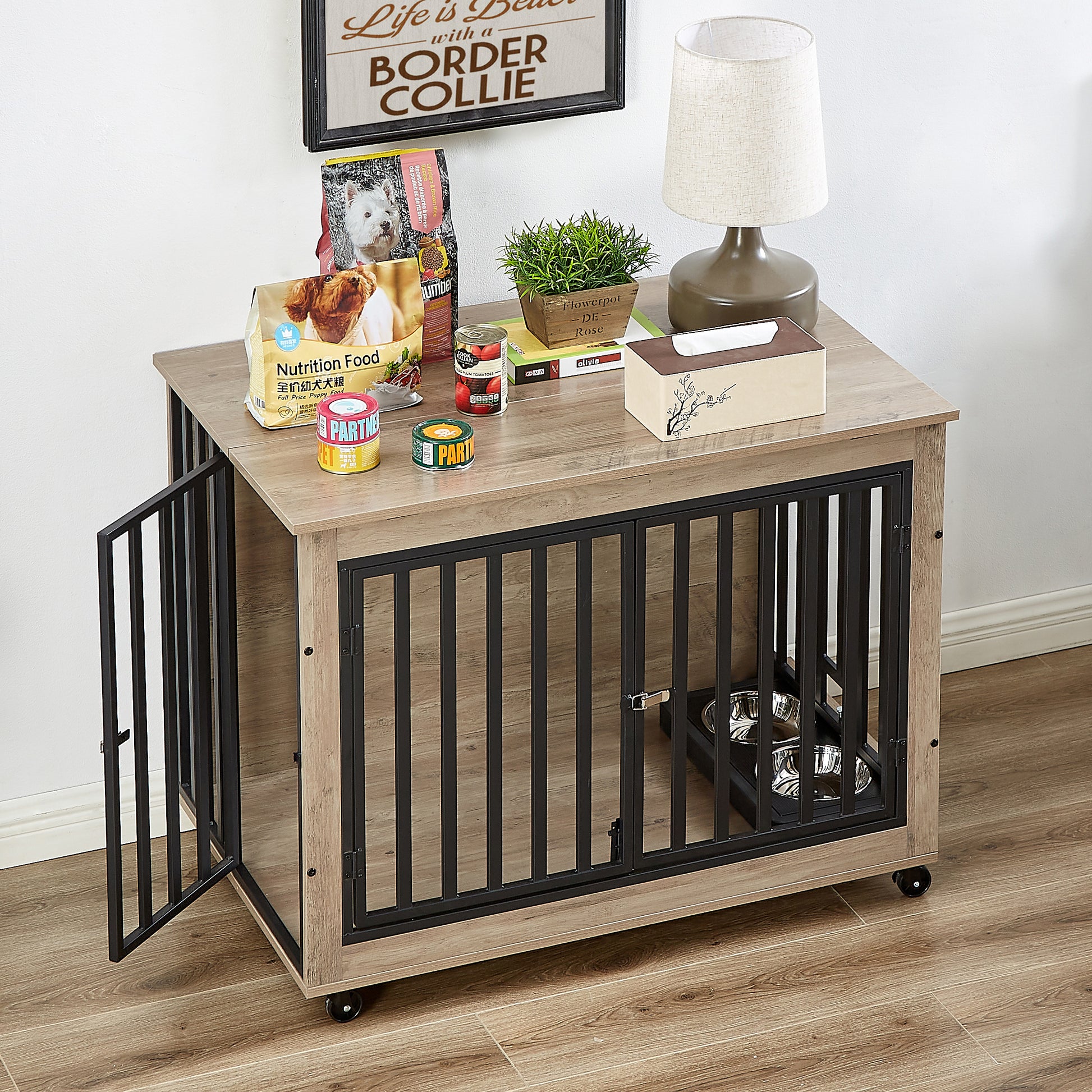 Furniture Style Dog Crate Side Table With Feeding Bowl, Wheels, Three Doors, Flip Up Top Opening. Indoor, Grey, 38.58"W X 25.2"D X 27.17"H Grey Particle Board