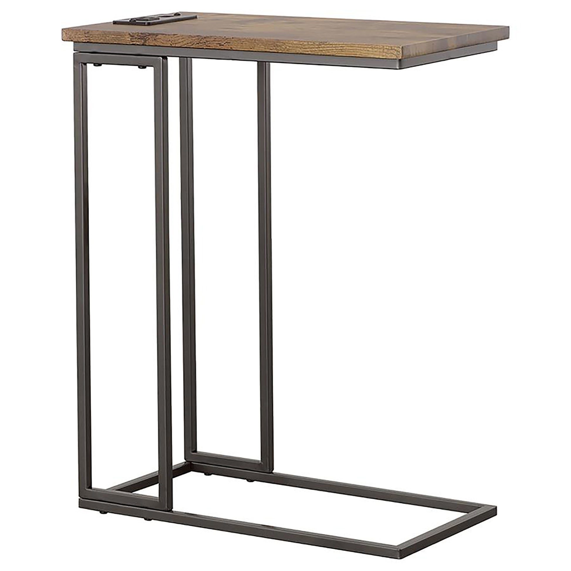 Gunmetal And Antique Brown C Shape Snack Table With Power Outlet Brown Brown Built In Outlets Or Usb Primary Living Space Industrial Rectangular Rectangular Wood Sled