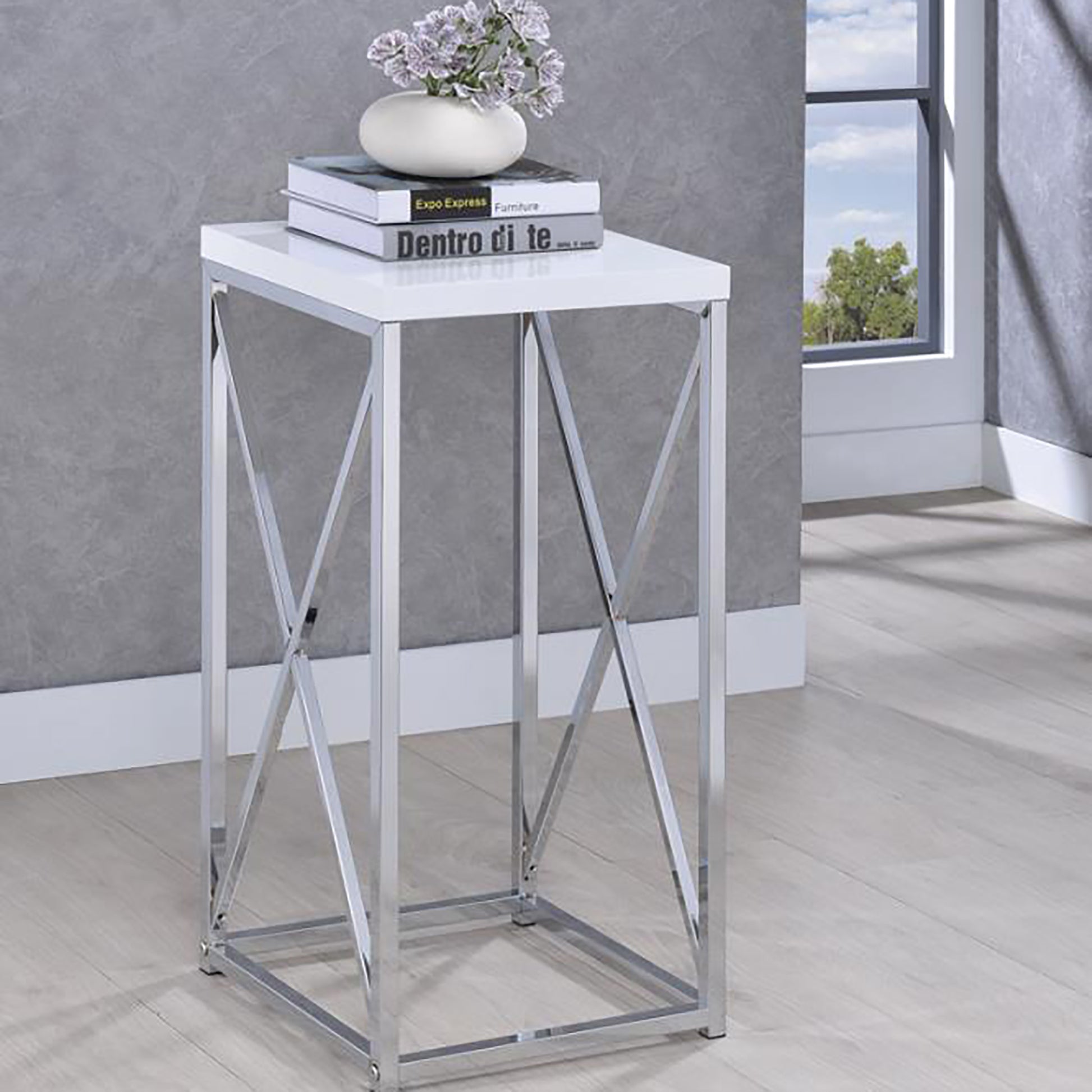 Glossy White And Chrome Accent Table Glossy White White Primary Living Space Contemporary,Modern Rectangular Glossy Coffee & End Tables Wood Sled