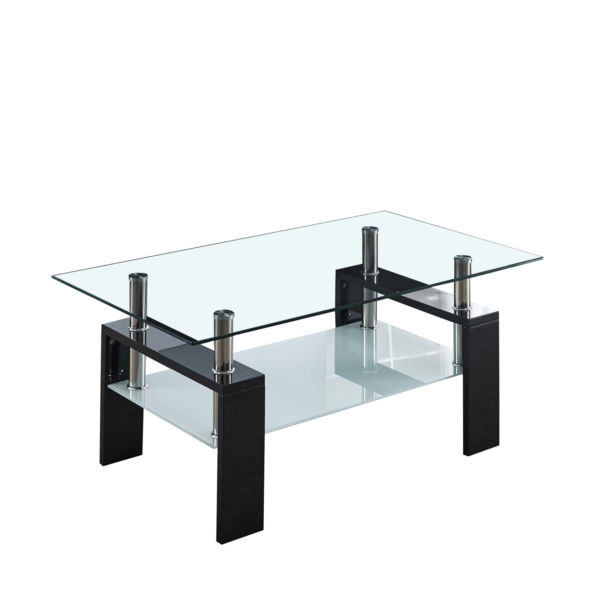 Artisan Center Coffee Table, Tempered Glass Top Stainless Steel Legs For Living Room, Black Black Mdf