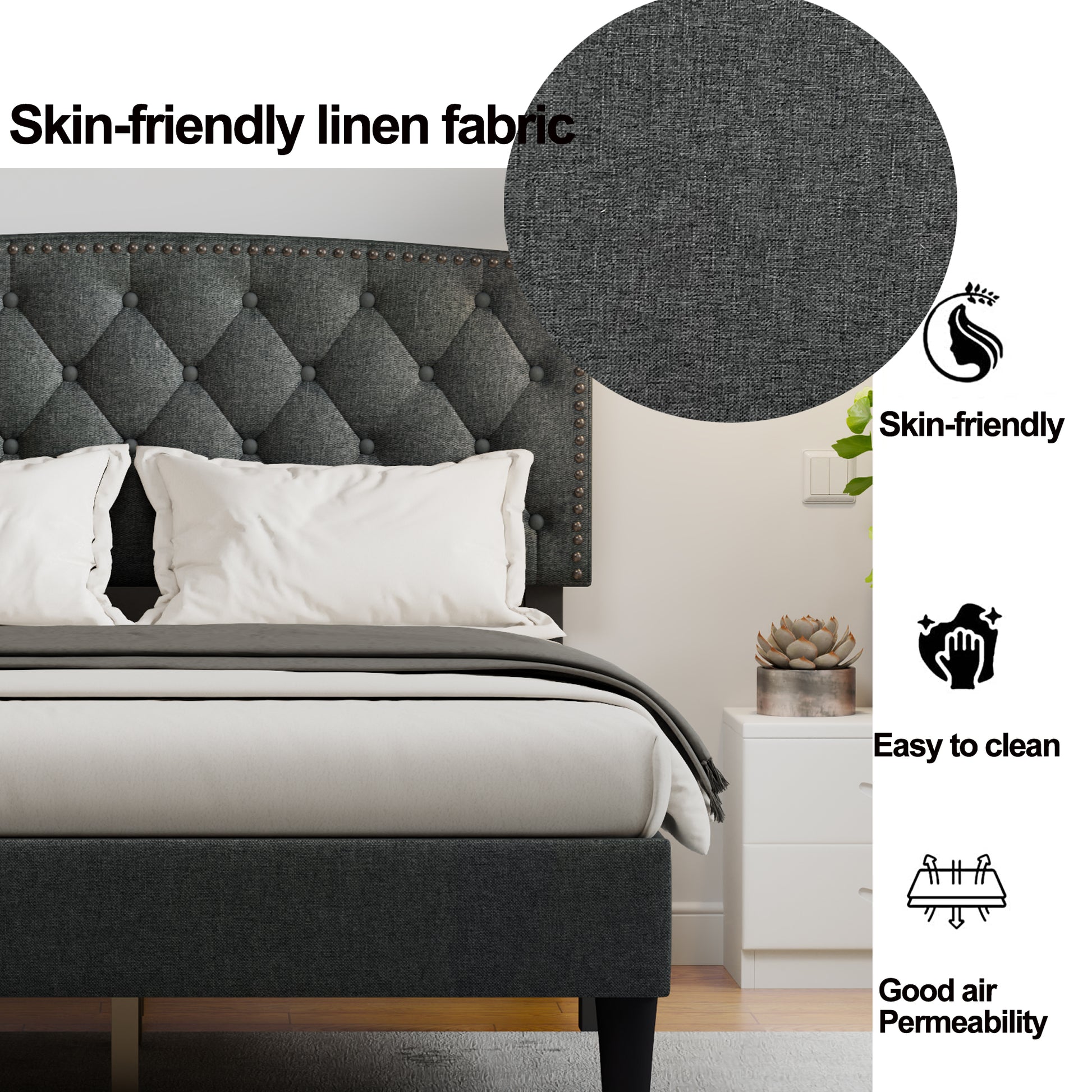 Full Size Adjustable Headboard With Fine Linen Upholstery And Button Tufting For Bedroom, Wave Top Dark Gray Dark Grey Wood