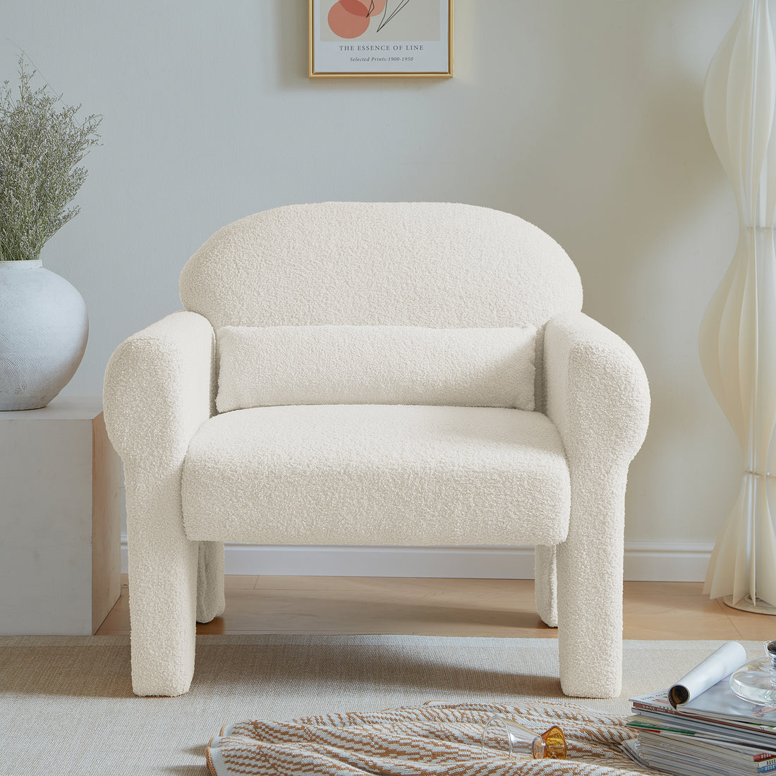 Modern Boucle Accent Chair With Lumbar Pillow For Living Room Antique White Fabric 1 Seat