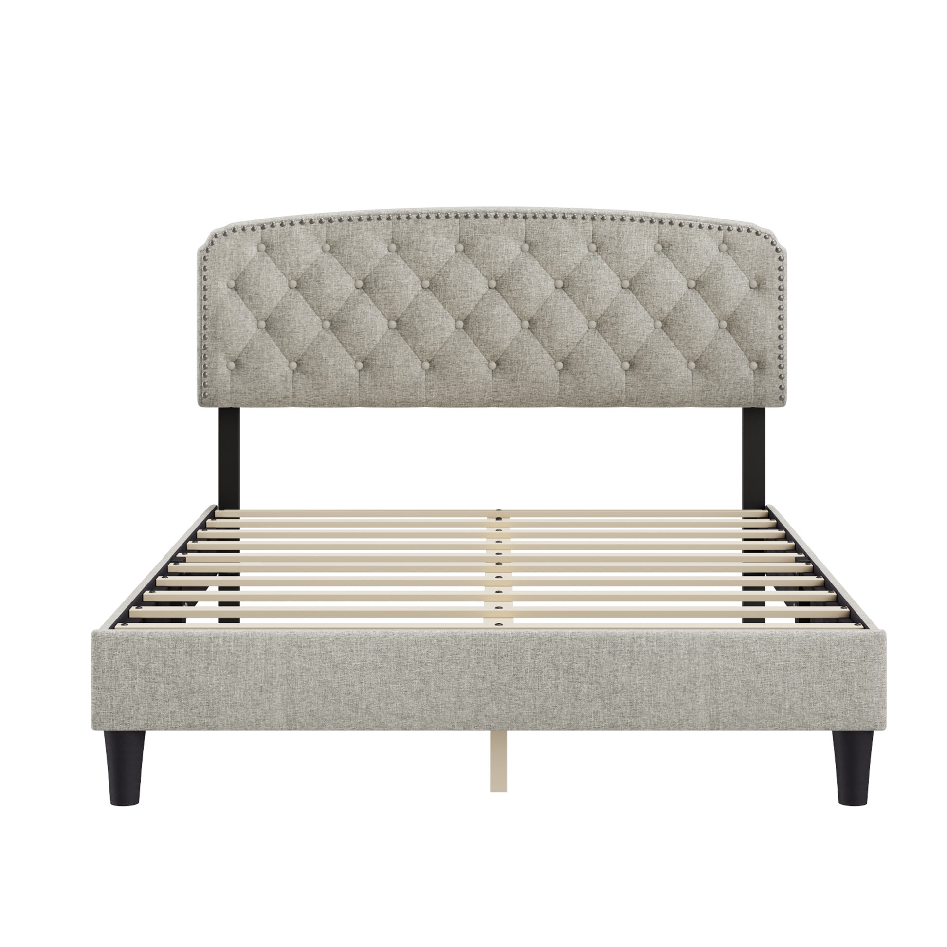 Queen Size Adjustable Headboard With Fine Linen Upholstery And Button Tufting For Bedroom, Wave Top Cream White Cream White Wood