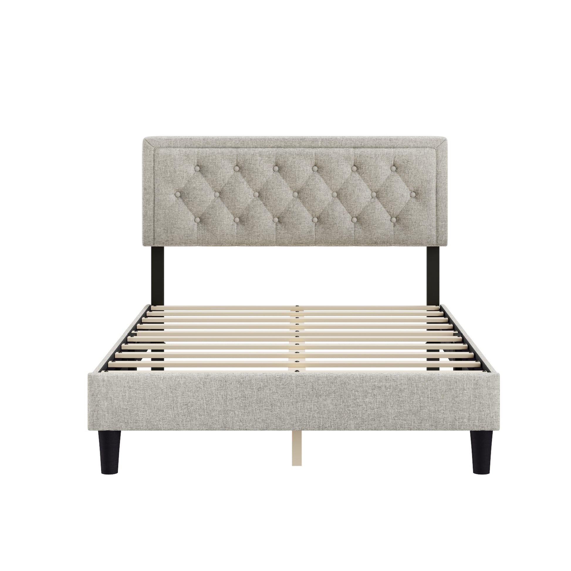 Queen Size Panel Bed Frame With Adjustable Button Tufted Headboard For Bedroom Linen Upholstered Wood Slat Support Easy Assembly,Linen Beige Beige Wood