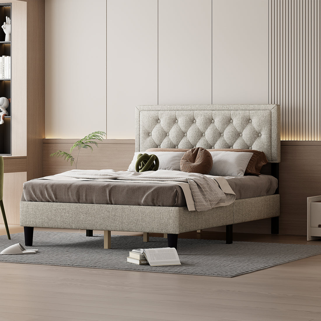 Queen Size Panel Bed Frame With Adjustable Button Tufted Headboard For Bedroom Linen Upholstered Wood Slat Support Easy Assembly,Linen Beige Beige Wood