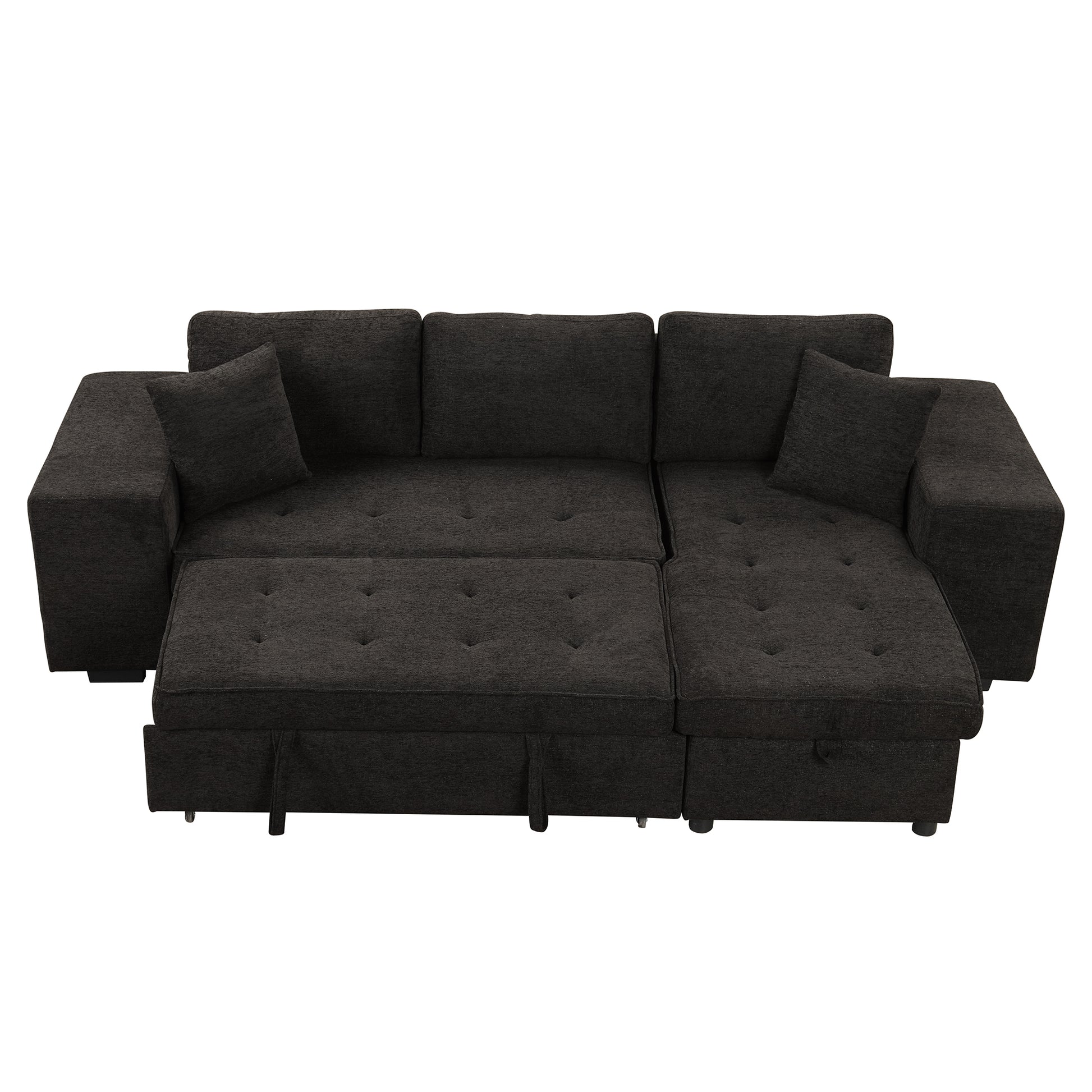 104.5" Modern L Shape 3 Seat Reversible Sectional Couch, Pull Out Sleeper Sofa With Storage Chaise And 2 Stools For Living Room Furniture Set, Charcoal Grey Charcoal Grey Foam Chenille 3 Seat