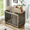 Furniture Style Dog Crate Side Table With Feeding Bowl, Wheels, Three Doors, Flip Up Top Opening. Indoor, Grey, 43.7