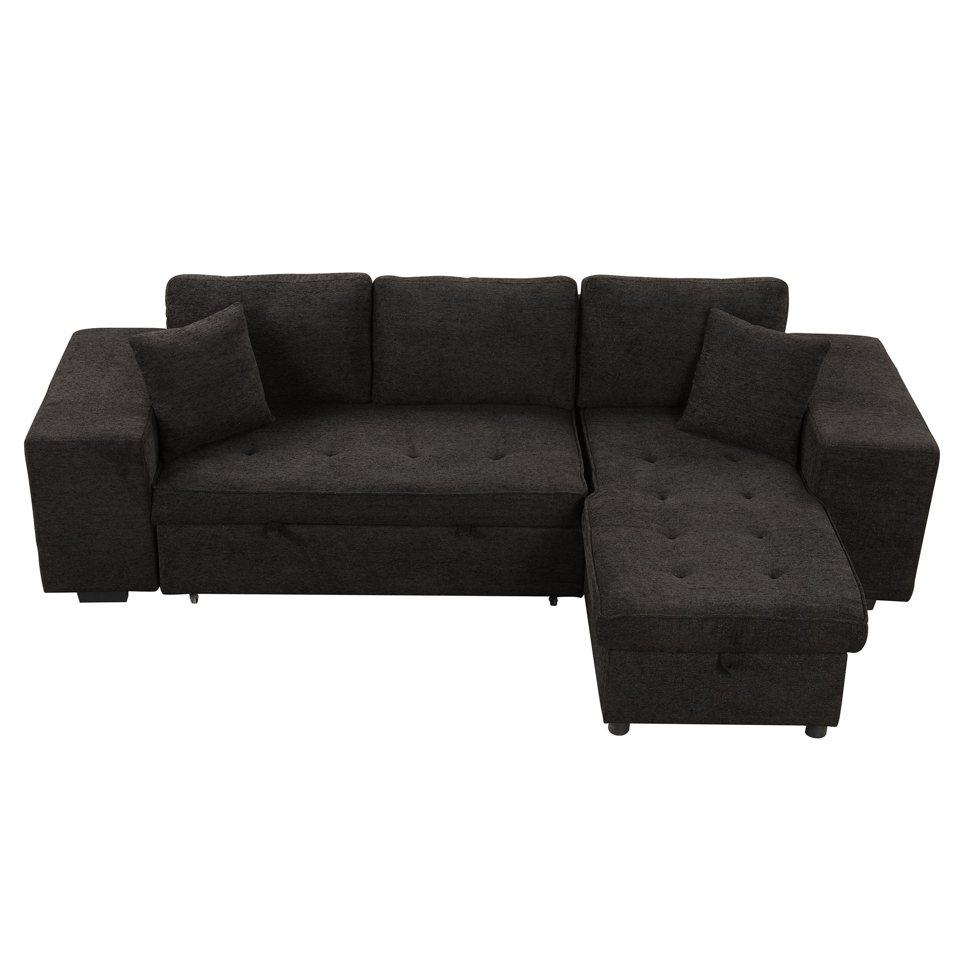 104.5" Modern L Shape 3 Seat Reversible Sectional Couch, Pull Out Sleeper Sofa With Storage Chaise And 2 Stools For Living Room Furniture Set, Charcoal Grey Charcoal Grey Foam Chenille 3 Seat