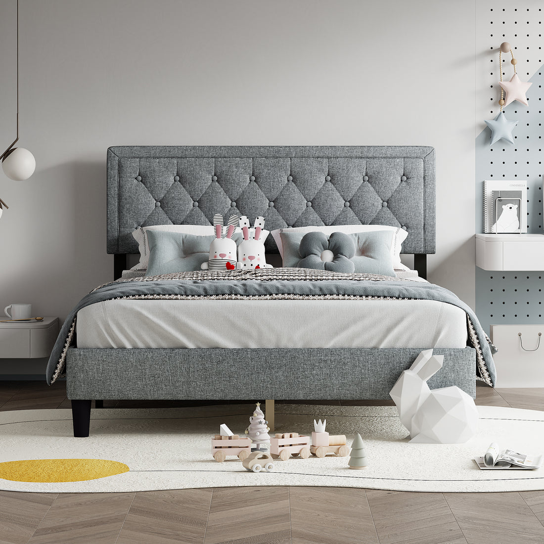 Queen Size Panel Bed Frame With Adjustable Button Tufted Headboard For Bedroom Linen Upholstered Wood Slat Support Easy Assembly,Light Grey Light Grey Wood