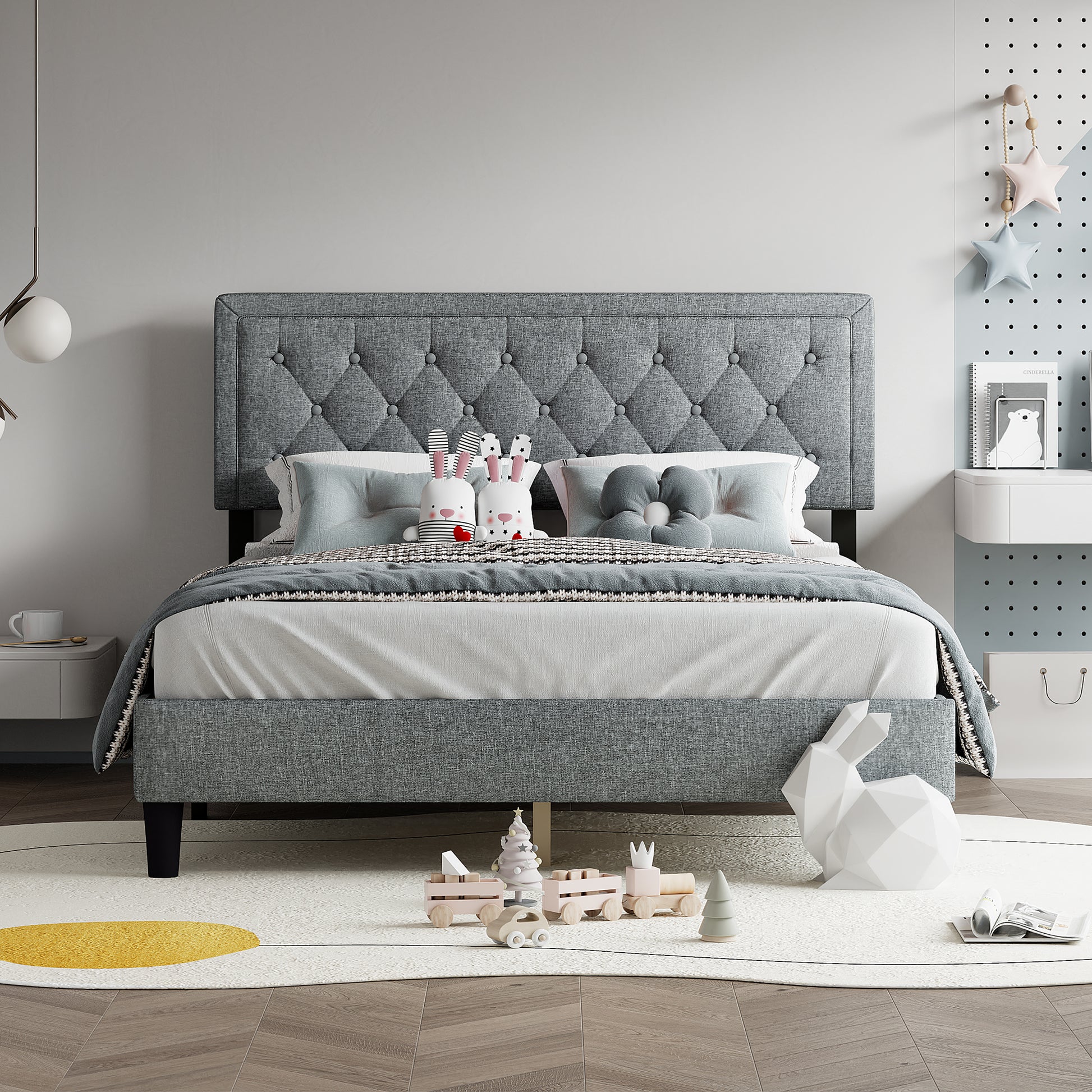 Queen Size Panel Bed Frame With Adjustable Button Tufted Headboard For Bedroom Linen Upholstered Wood Slat Support Easy Assembly,Light Grey Light Grey Wood