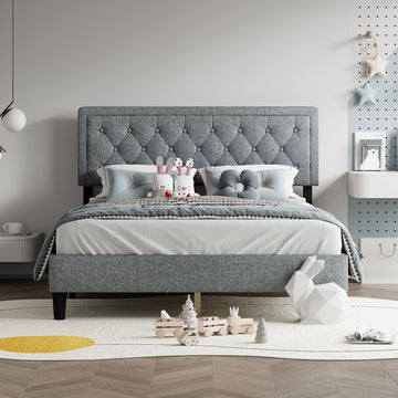 Queen Size Panel Bed Frame With Adjustable Button Tufted Headboard For Bedroom Linen Upholstered Wood Slat Support Easy Assembly,Light Grey Light Grey Wood