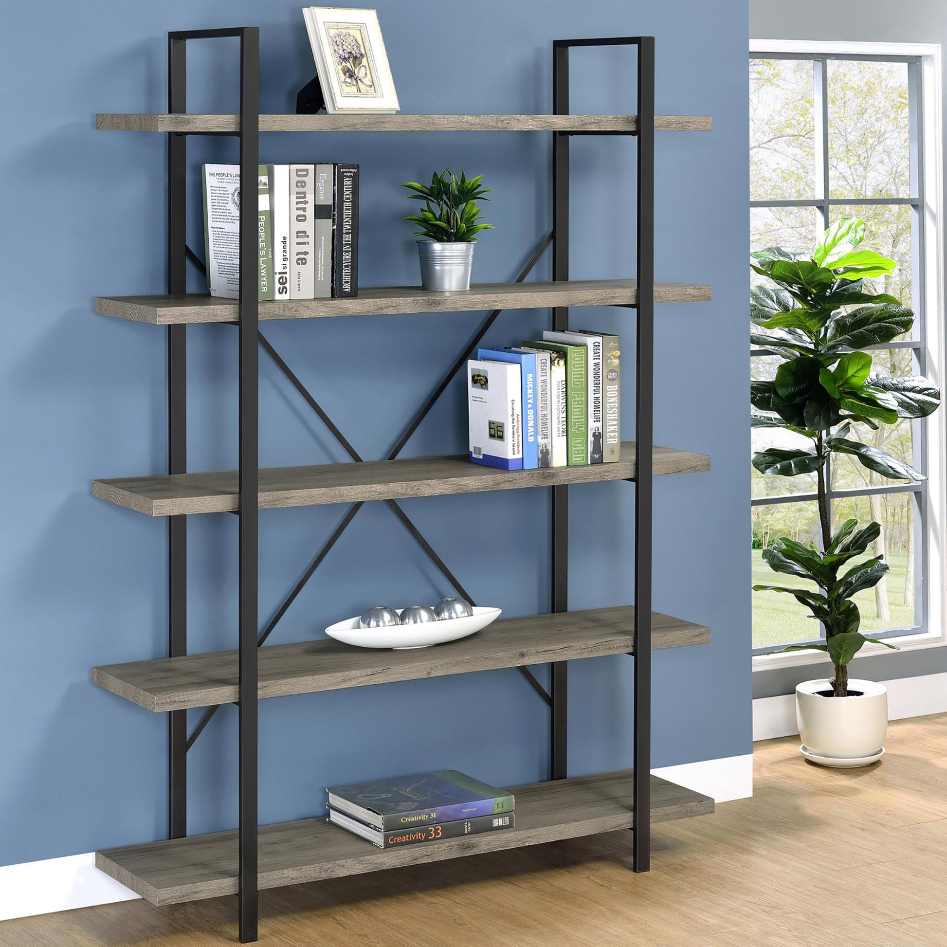 Grey Driftwood And Gunmetal 5 Tier Bookcase 5 Grey Gray Standard Vertical Office Open Back Wood Farmhouse,Rustic Wood