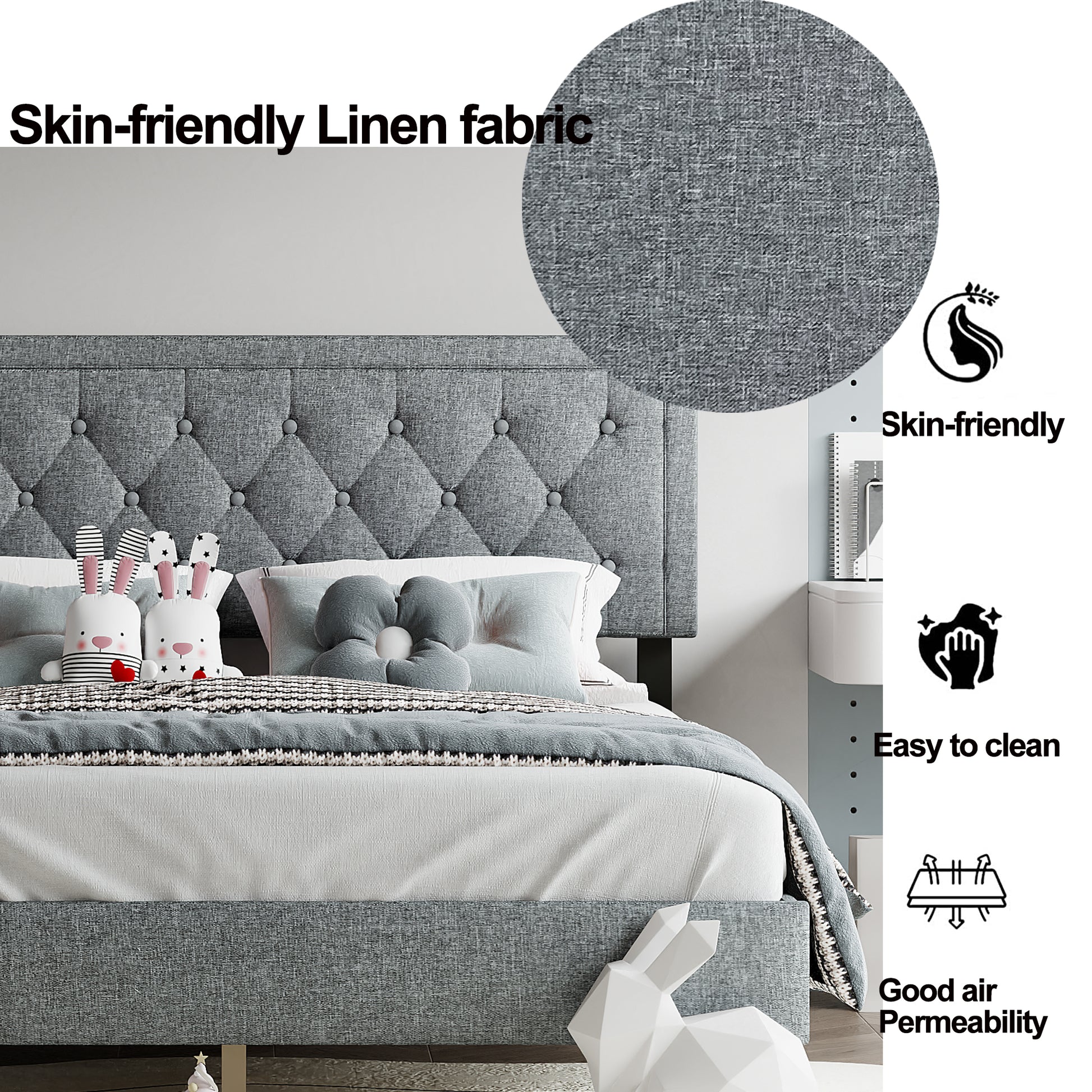 Queen Size Panel Bed Frame With Adjustable Button Tufted Headboard For Bedroom Linen Upholstered Wood Slat Support Easy Assembly,Light Grey Light Grey Wood