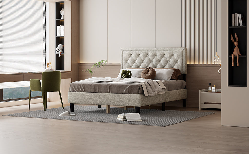 Queen Size Panel Bed Frame With Adjustable Button Tufted Headboard For Bedroom Linen Upholstered Wood Slat Support Easy Assembly,Linen Beige Beige Wood