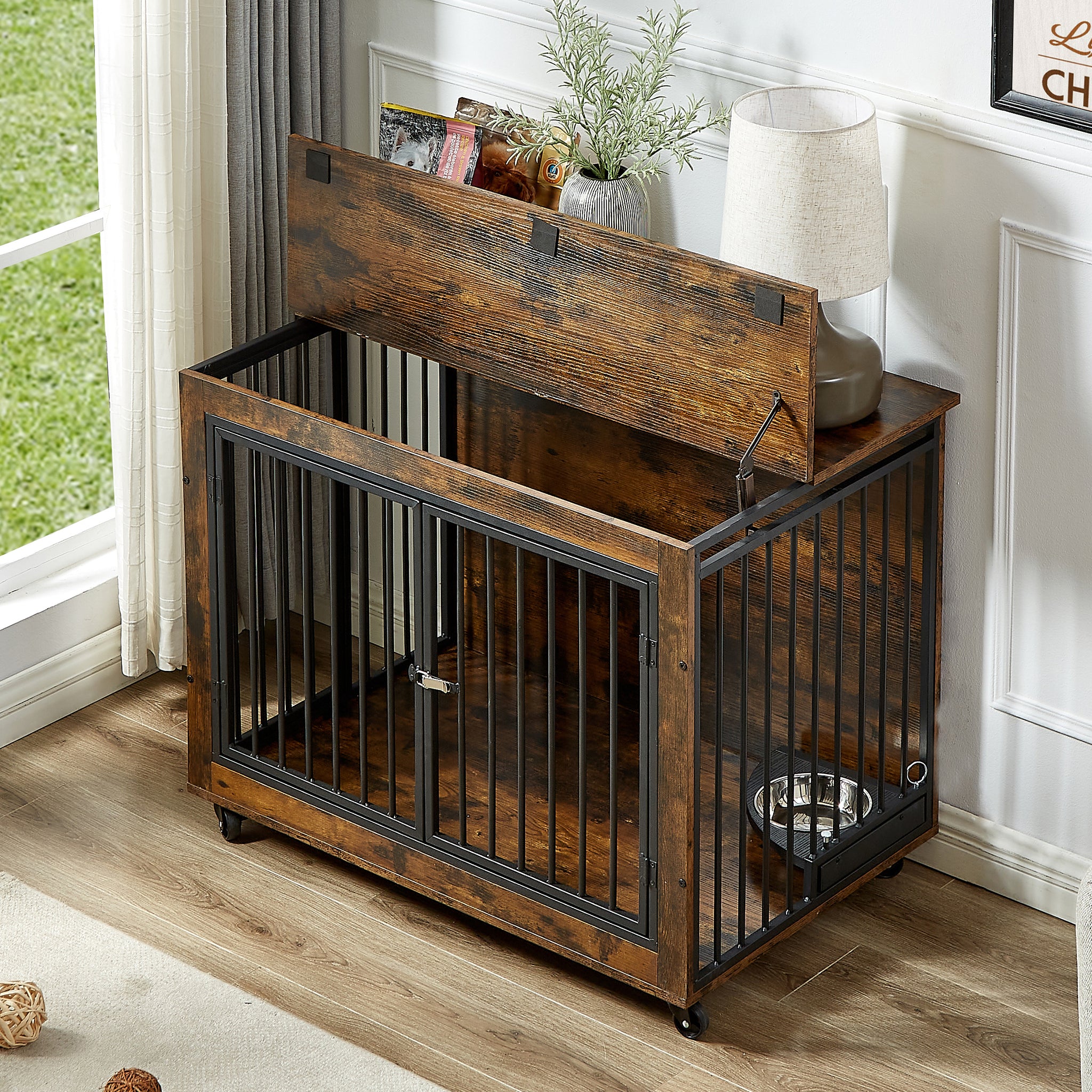 Furniture Style Dog Crate Side Table With Rotatable Feeding Bowl, Whee