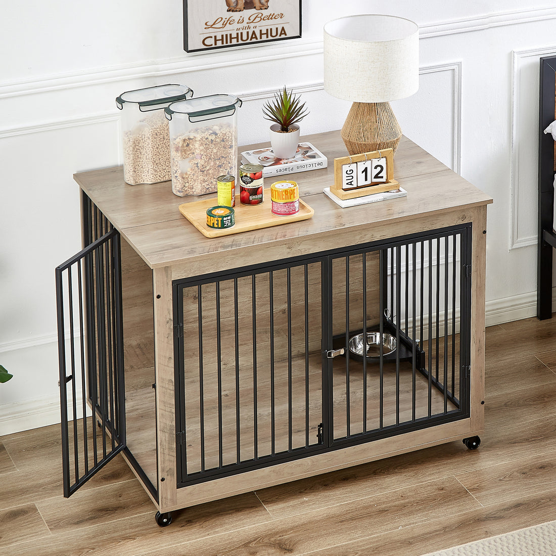 Furniture Style Dog Crate Side Table With Rotatable Feeding Bowl, Wheels, Three Doors, Flip Up Top Opening. Indoor, Grey, 43.7"W X 30"D X 33.7"H Grey Particle Board