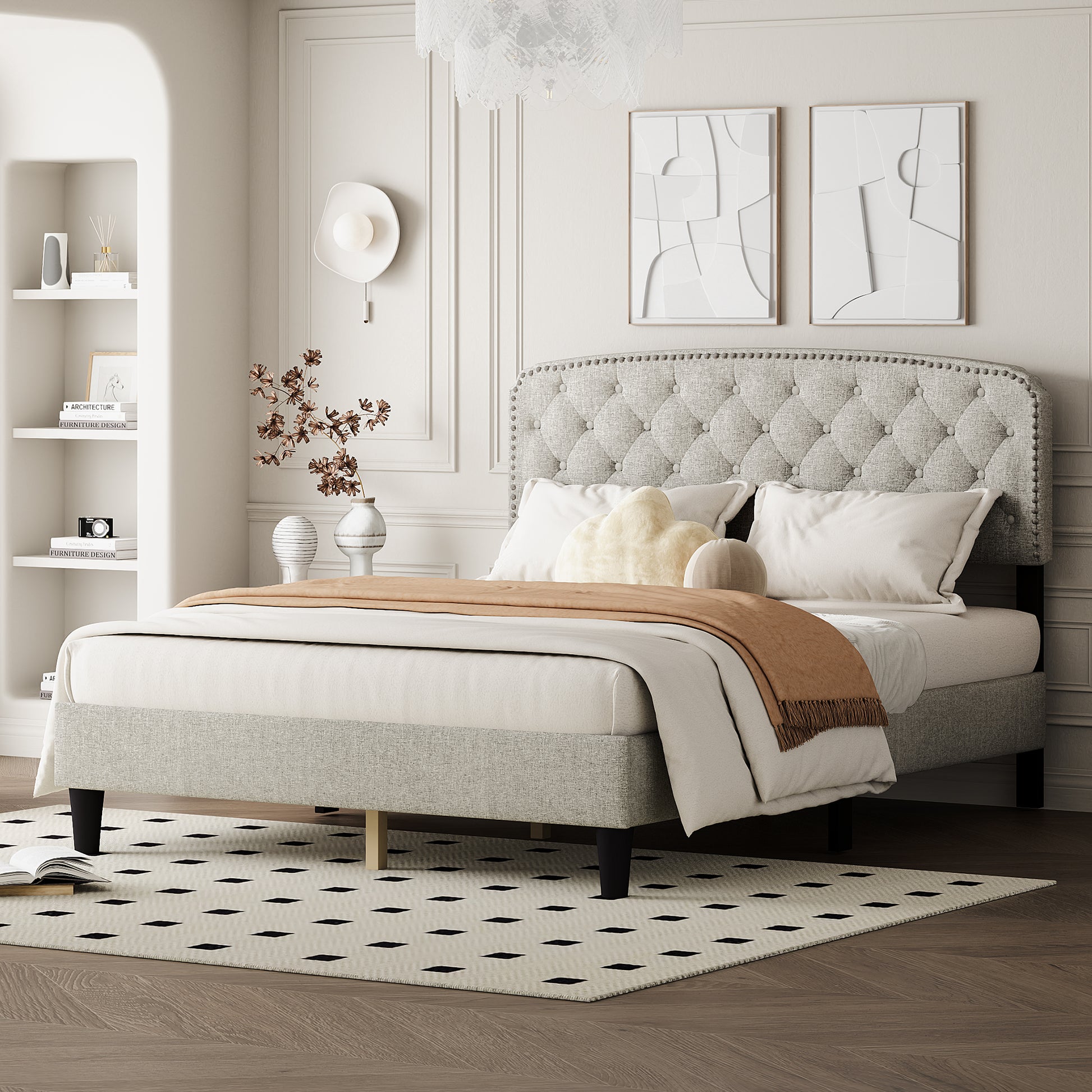 Queen Size Adjustable Headboard With Fine Linen Upholstery And Button Tufting For Bedroom, Wave Top Cream White Cream White Wood