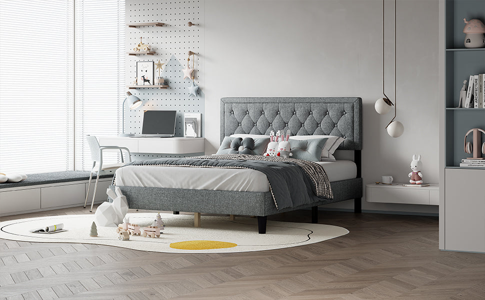 Queen Size Panel Bed Frame With Adjustable Button Tufted Headboard For Bedroom Linen Upholstered Wood Slat Support Easy Assembly,Light Grey Light Grey Wood