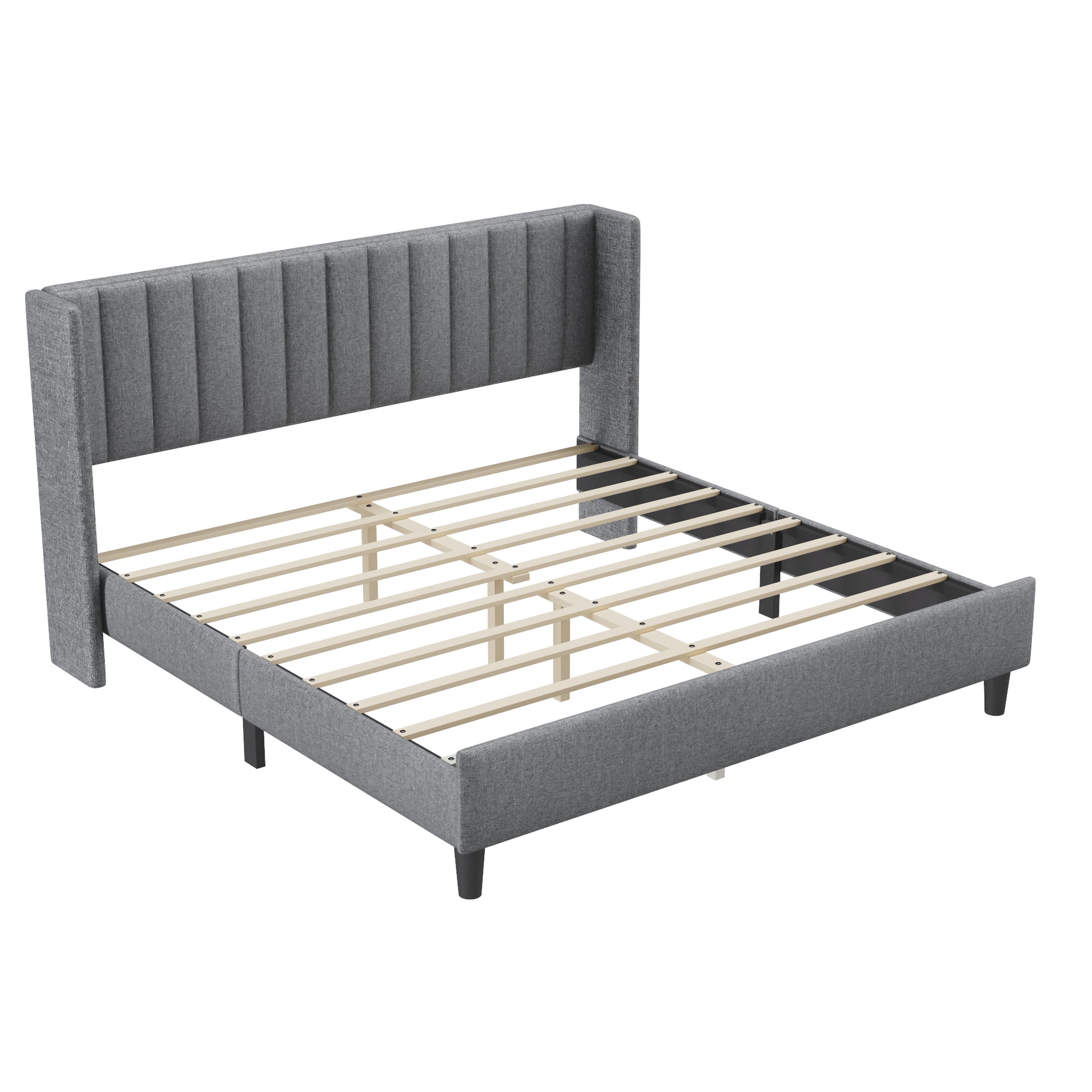 King Size Upholstered Platform Bed Frame With Headboard, Mattress Foundation, Wood Slat Support, Quiet, No Box Spring Needed, Easy To Assemble Light Grey Light Gray Wood
