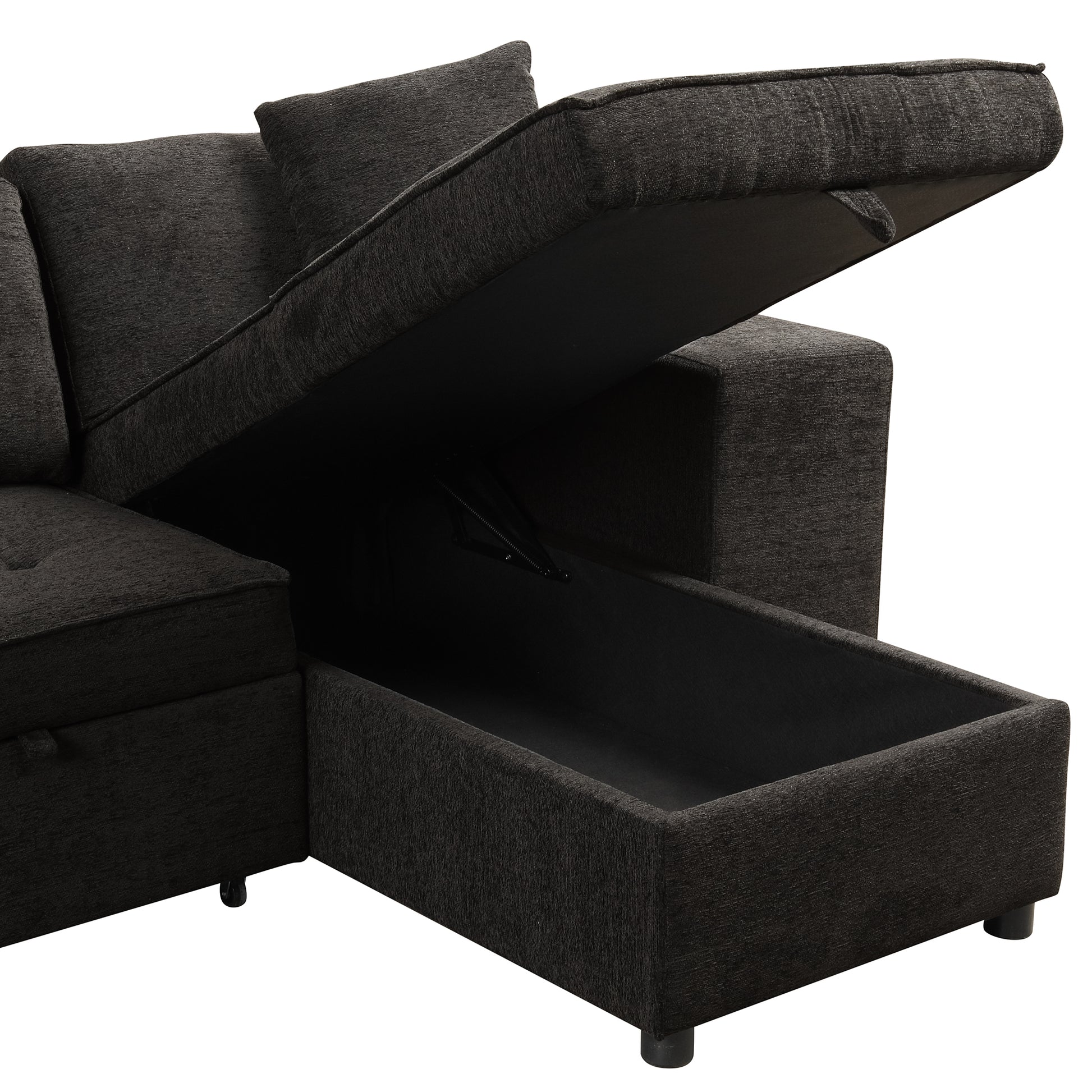 104.5" Modern L Shape 3 Seat Reversible Sectional Couch, Pull Out Sleeper Sofa With Storage Chaise And 2 Stools For Living Room Furniture Set, Charcoal Grey Charcoal Grey Foam Chenille 3 Seat