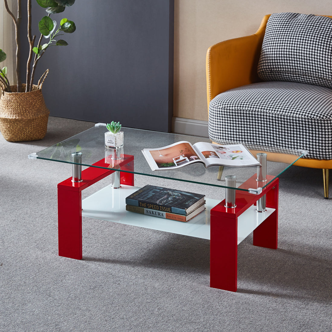 Artisan Rectangle Coffee Table, Double Layer Lower Shelf Storage For Living Spaces, Red Red Mdf