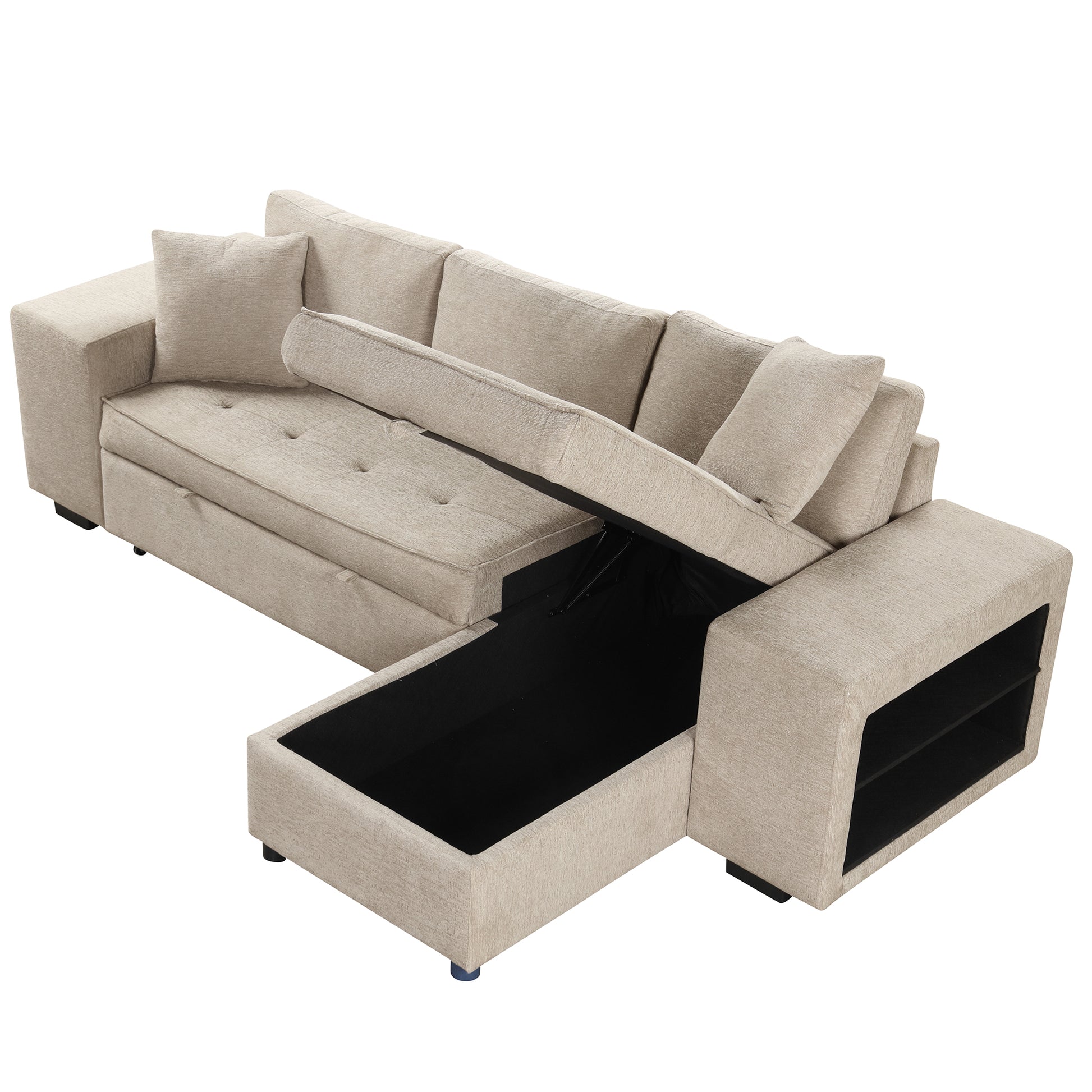 104.5" Modern L Shape 3 Seat Reversible Sectional Couch, Pull Out Sleeper Sofa With Storage Chaise And 2 Stools For Living Room Furniture Set, Cream Cream Foam Chenille 3 Seat