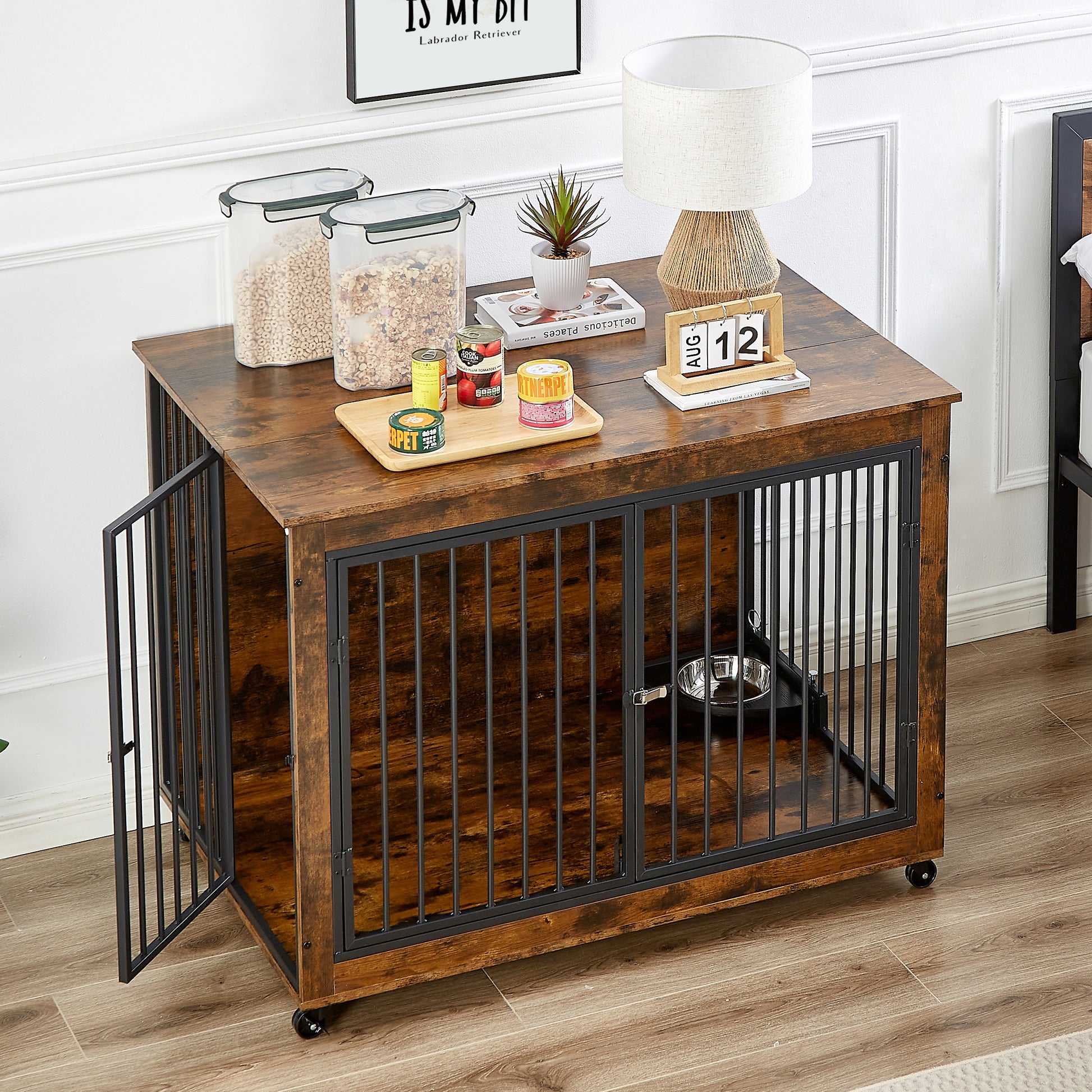 Furniture Style Dog Crate Side Table With Rotatable Feeding Bowl, Wheels, Three Doors, Flip Up Top Opening. Indoor, Rustic Brown, 43.7"W X 30"D X 33.7"H Rustic Brown Particle Board