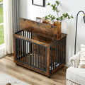 Furniture Style Dog Crate Side Table With Feeding Bowl, Wheels, Three Doors, Flip Up Top Opening. Indoor, Rustic Brown, 38.58