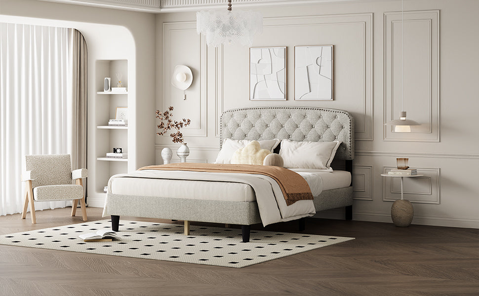 Queen Size Adjustable Headboard With Fine Linen Upholstery And Button Tufting For Bedroom, Wave Top Cream White Cream White Wood