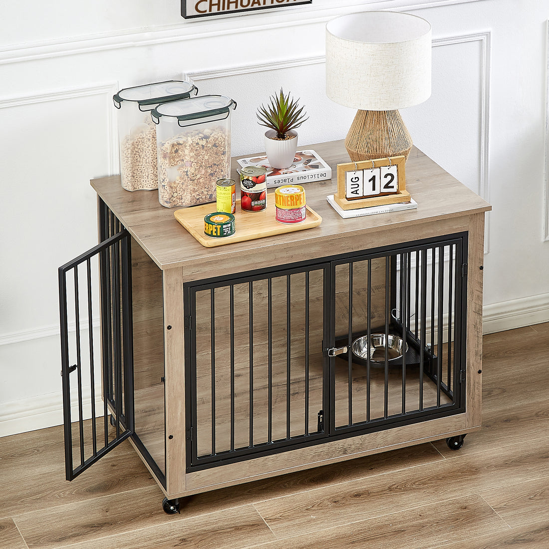 Furniture Style Dog Crate Side Table With Rotatable Feeding Bowl, Wheels, Three Doors, Flip Up Top Opening. Indoor, Grey, 38.58"W X 25.2"D X 27.17"H Grey Particle Board