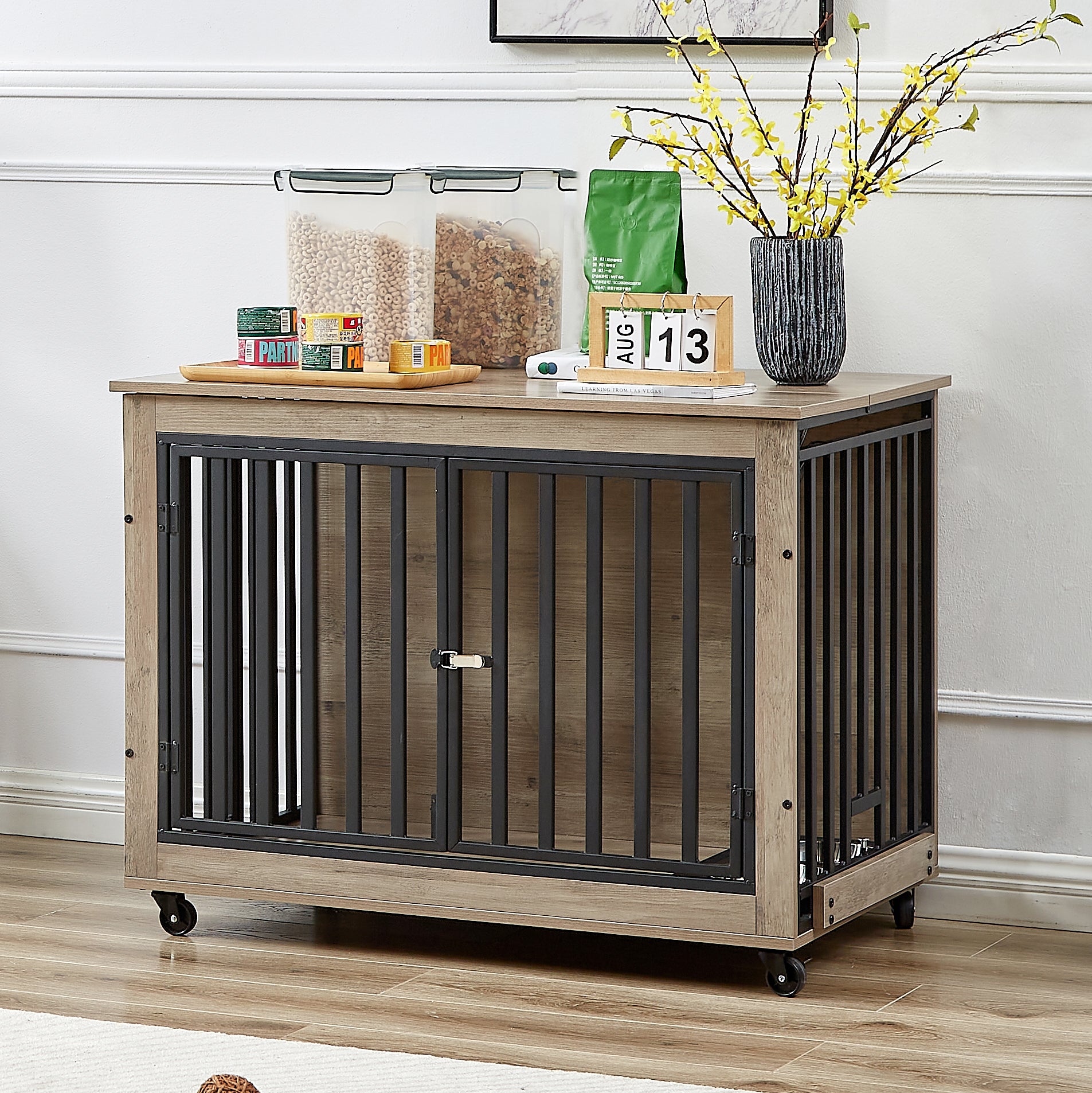 Furniture Style Dog Crate Side Table With Feeding Bowl, Wheels, Three Doors, Flip Up Top Opening. Indoor, Grey, 38.58"W X 25.2"D X 27.17"H Grey Particle Board