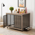 Furniture Style Dog Crate Side Table With Feeding Bowl, Wheels, Three Doors, Flip Up Top Opening. Indoor, Grey, 43.7