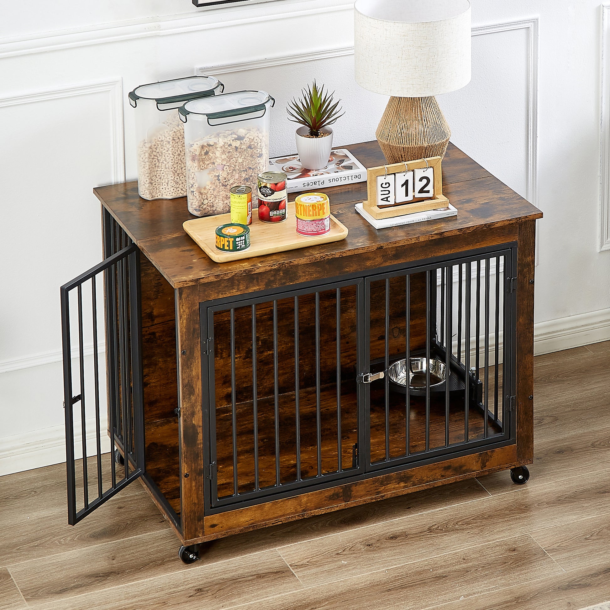 Furniture Style Dog Crate Side Table With Rotatable Feeding Bowl, Wheels, Three Doors, Flip Up Top Opening. Indoor, Rustic Brown, 38.58"W X 25.2"D X 27.17"H Rustic Brown Particle Board