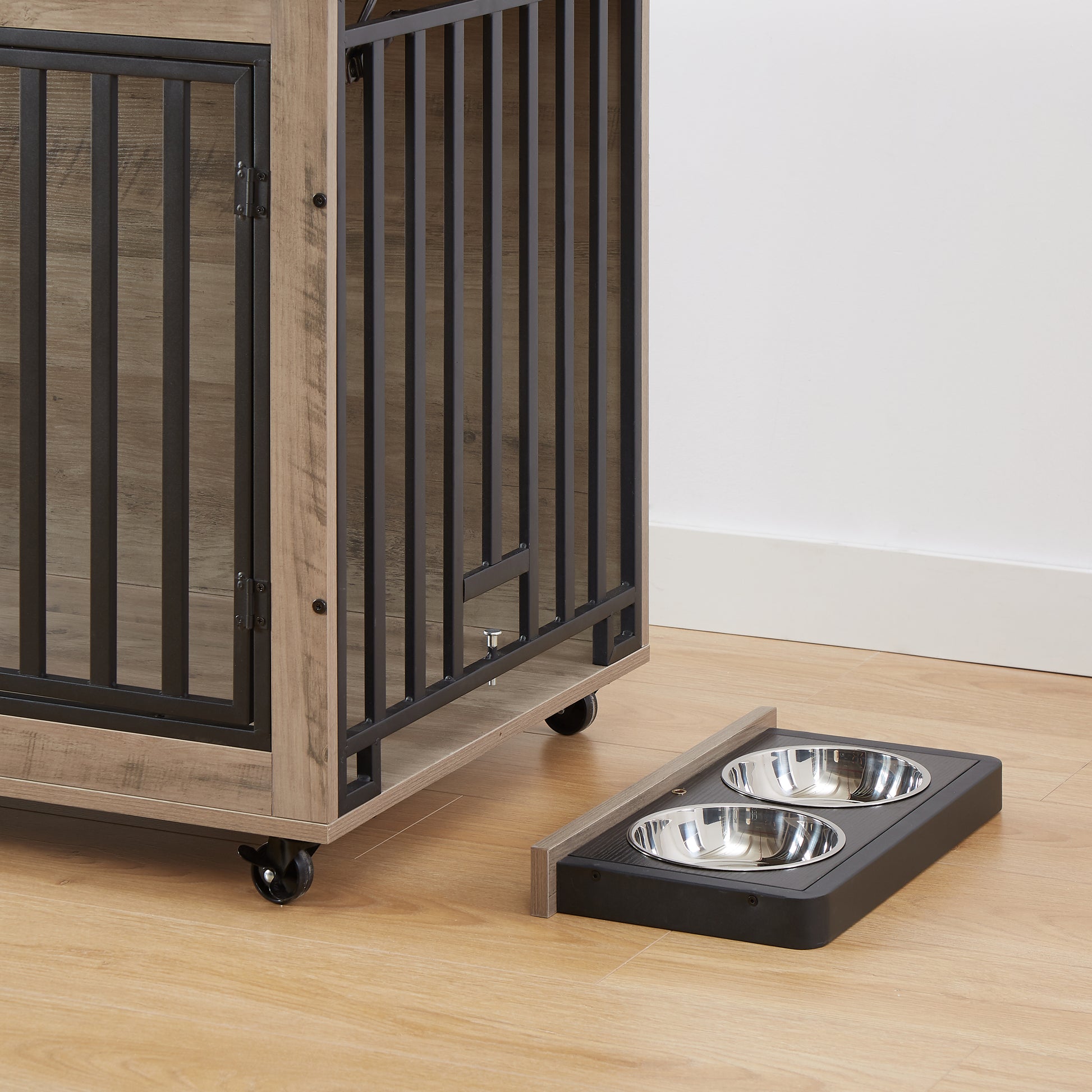 Furniture Style Dog Crate Side Table With Feeding Bowl, Wheels, Three Doors, Flip Up Top Opening. Indoor, Grey, 38.58"W X 25.2"D X 27.17"H Grey Particle Board