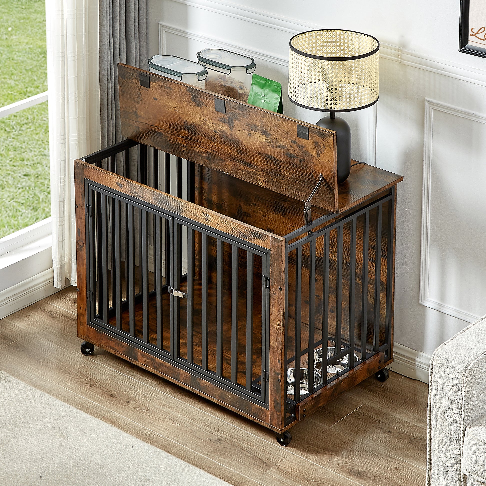 Furniture Style Dog Crate Side Table With Feeding Bowl, Wheels, Three Doors, Flip Up Top Opening. Indoor, Rustic Brown, 38.58"W X 25.2"D X 27.17"H Rustic Brown Particle Board